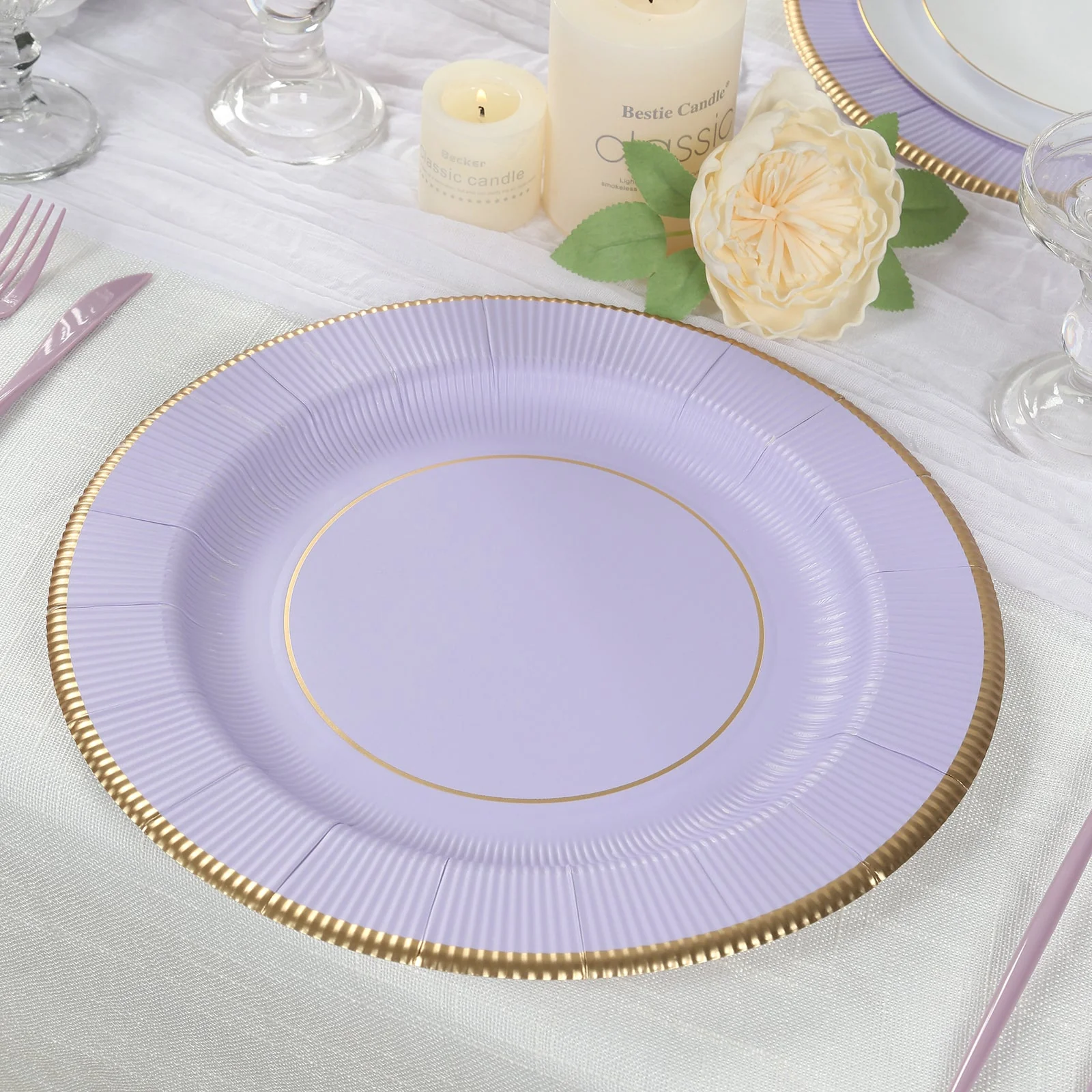 25-Pack Disposable Round Charger Plates 13" Lavender Lilac Sunray Design with Gold Rim - 350GSM Heavy Duty Paper Placemats