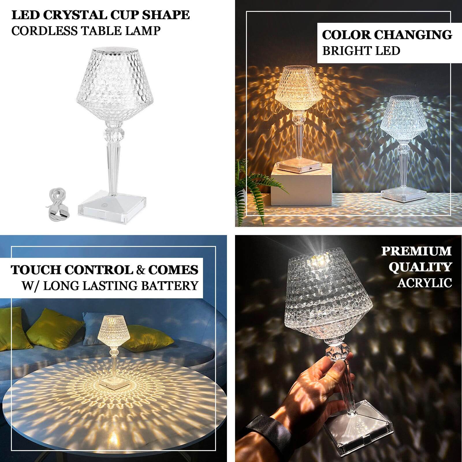 LED Acrylic Crystal Table Lamp 10" Cup Shape Design - Color Changing Cordless Rechargeable Touch Control Accent Light - Image 4