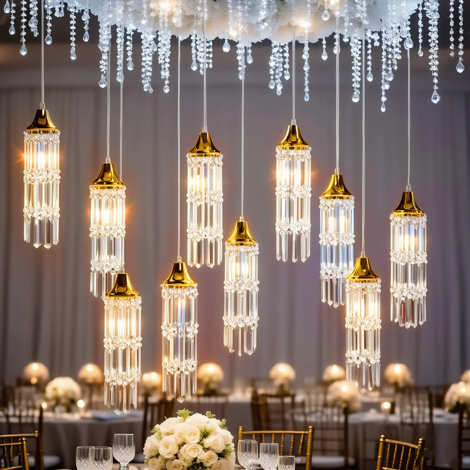 LED Crystal String Lights, Gold Bell Frame with Hanging Prism Pendants, Warm White Plug-in Chandelier Décor
