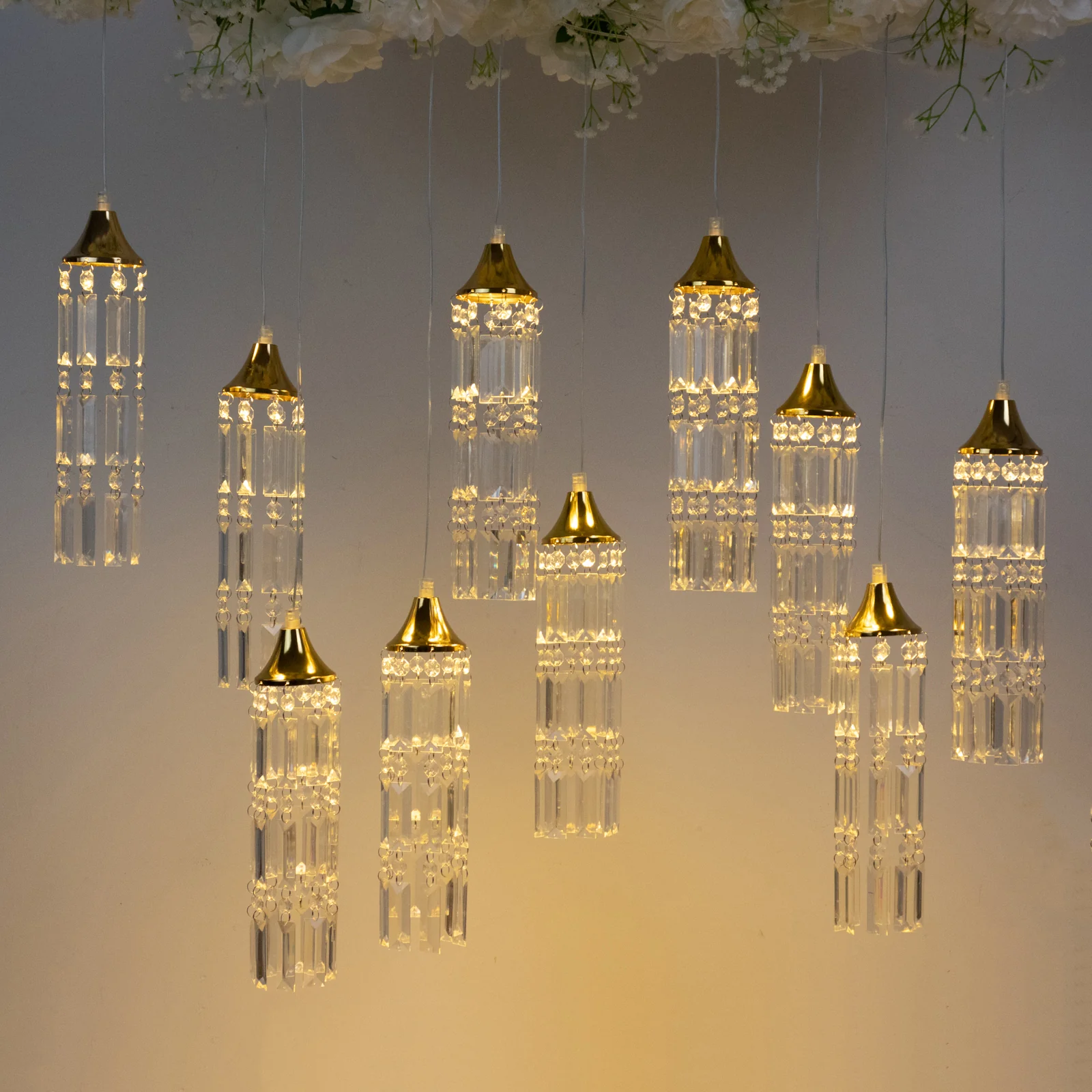 LED Crystal String Lights, Gold Bell Frame with Hanging Prism Pendants, Warm White Plug-in Chandelier Décor - Image 2