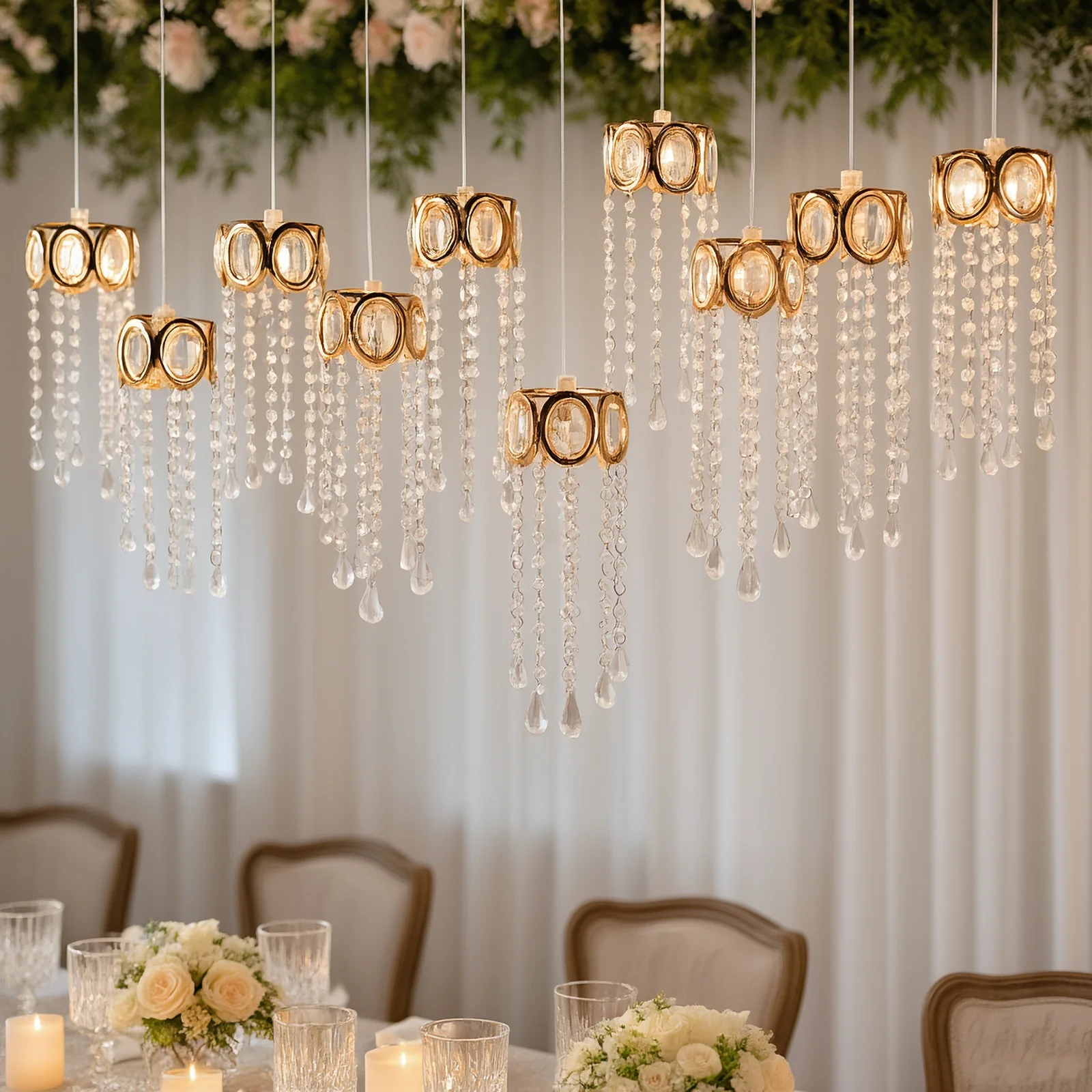 LED Crystal String Lights, Gold Oval Frame with Hanging Teardrop Pendants, Warm White Plug-in Chandelier Décor - Image 2