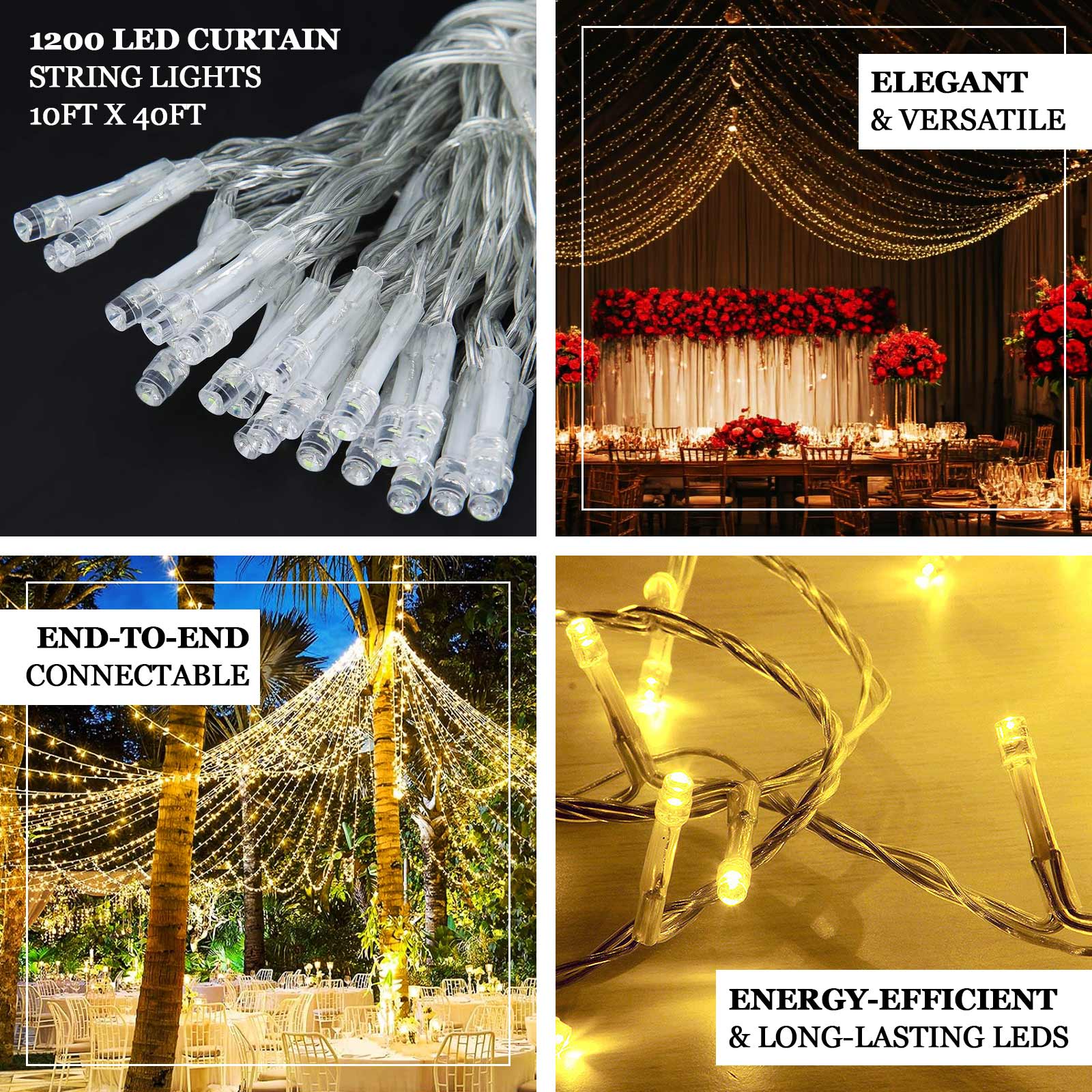 Warm White 1200 LED Curtain String Lights with 8 Modes & Inline Memory Controller, Plug-In End-to-End Connectable Fairy Lights for Indoor Outdoor Use - 10ftx40ft - Image 3