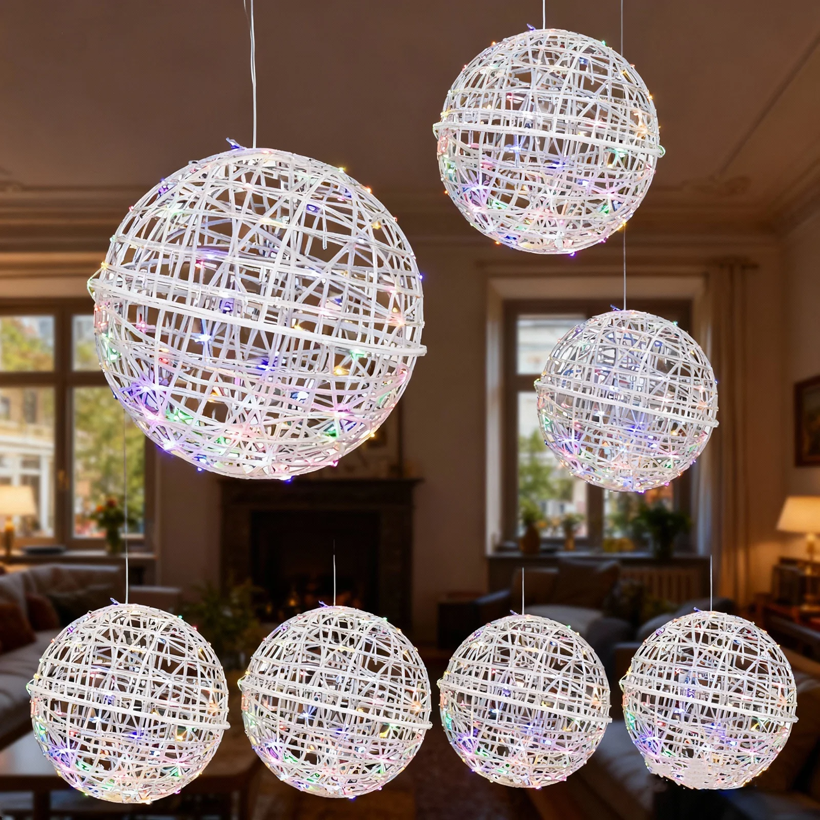 4 Pack 15" LED Lighted Decorative Sphere Balls – White Woven Rattan Orbs, 400 Multicolor LEDs, 8 Lighting Modes, End-to-End Connectable, Plug-In