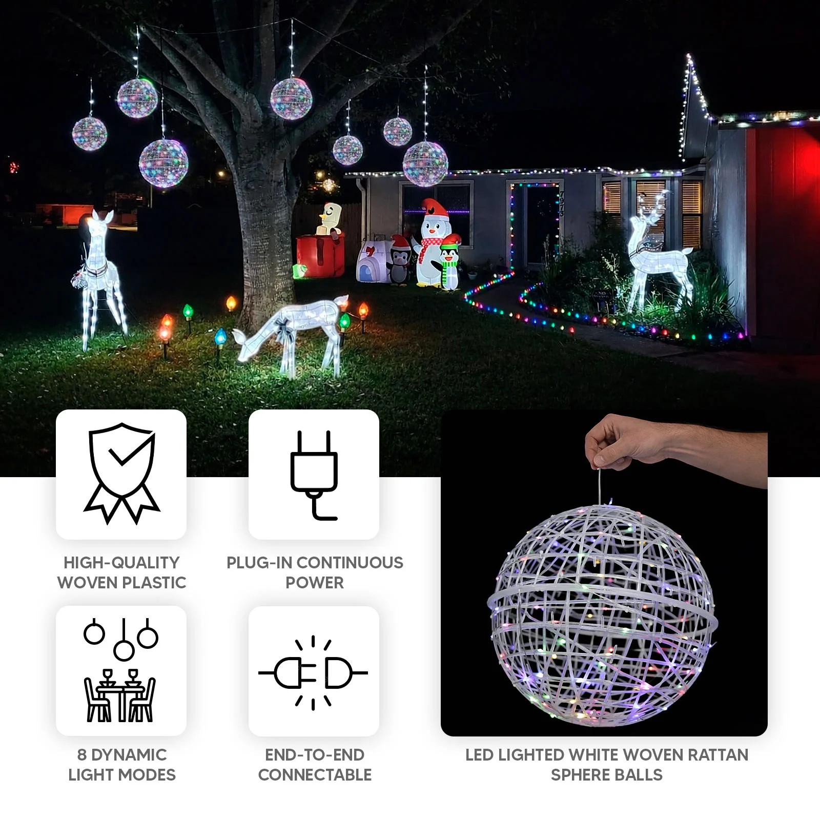 4 Pack 15" LED Lighted Decorative Sphere Balls – White Woven Rattan Orbs, 400 Multicolor LEDs, 8 Lighting Modes, End-to-End Connectable, Plug-In - Image 4