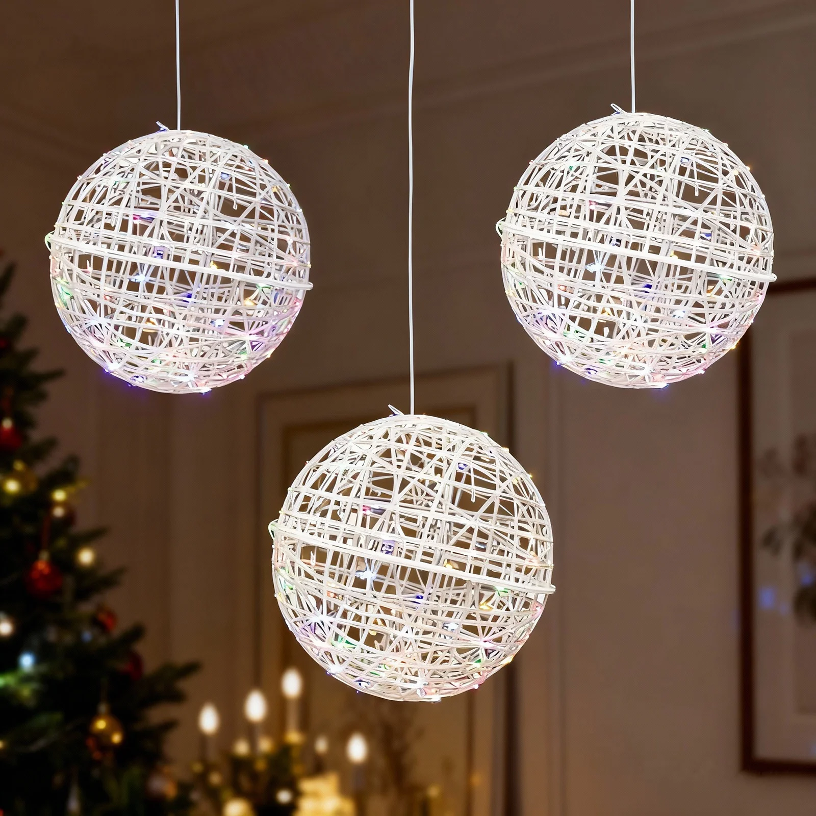 4 Pack 15" LED Lighted Decorative Sphere Balls – White Woven Rattan Orbs, 400 Multicolor LEDs, 8 Lighting Modes, End-to-End Connectable, Plug-In - Image 6