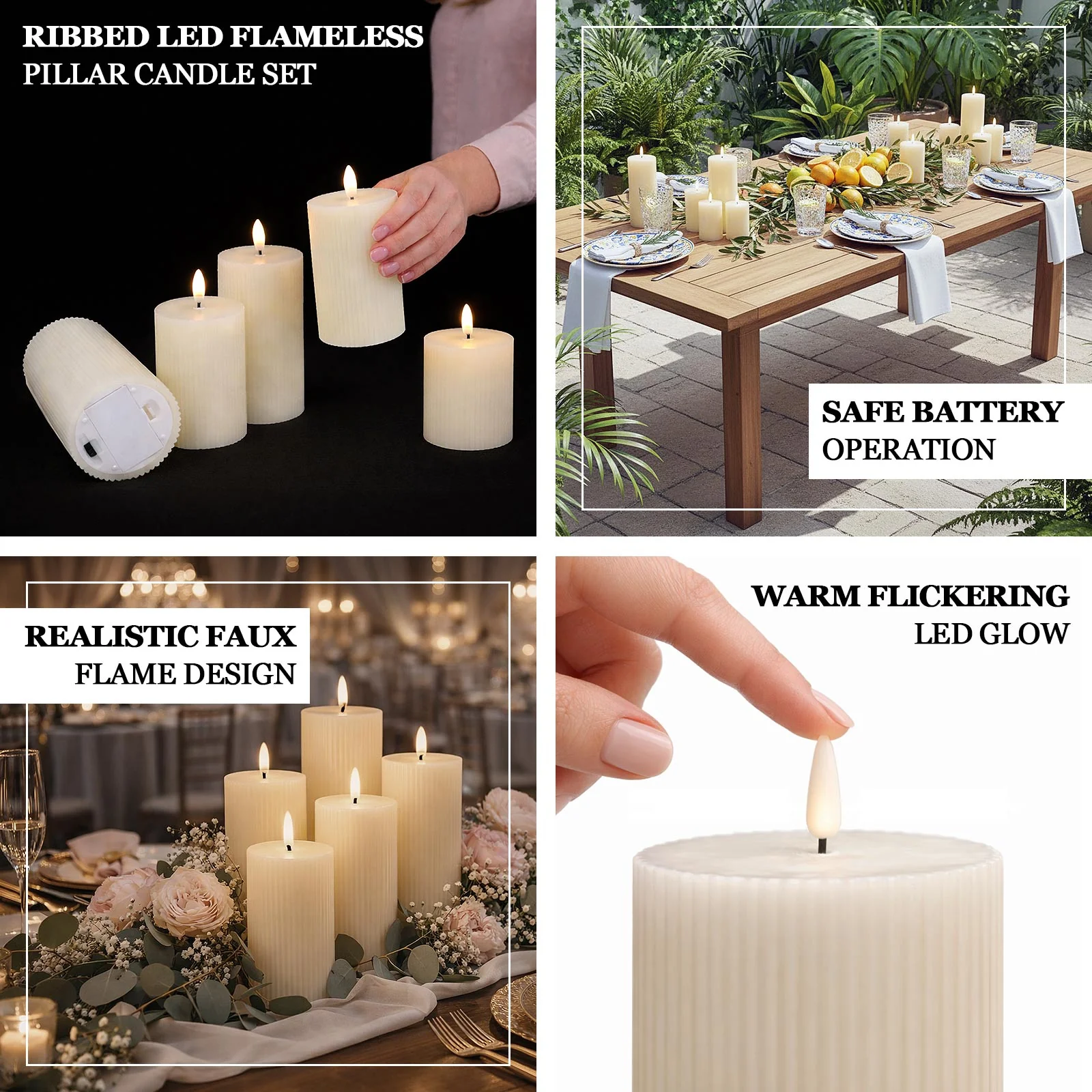 Set of 5 White LED Flameless Pillar Candles – Battery Operated Flickering Candles, Real Wax Exterior, Ribbed Design, 4″–8″, Warm White - Image 4