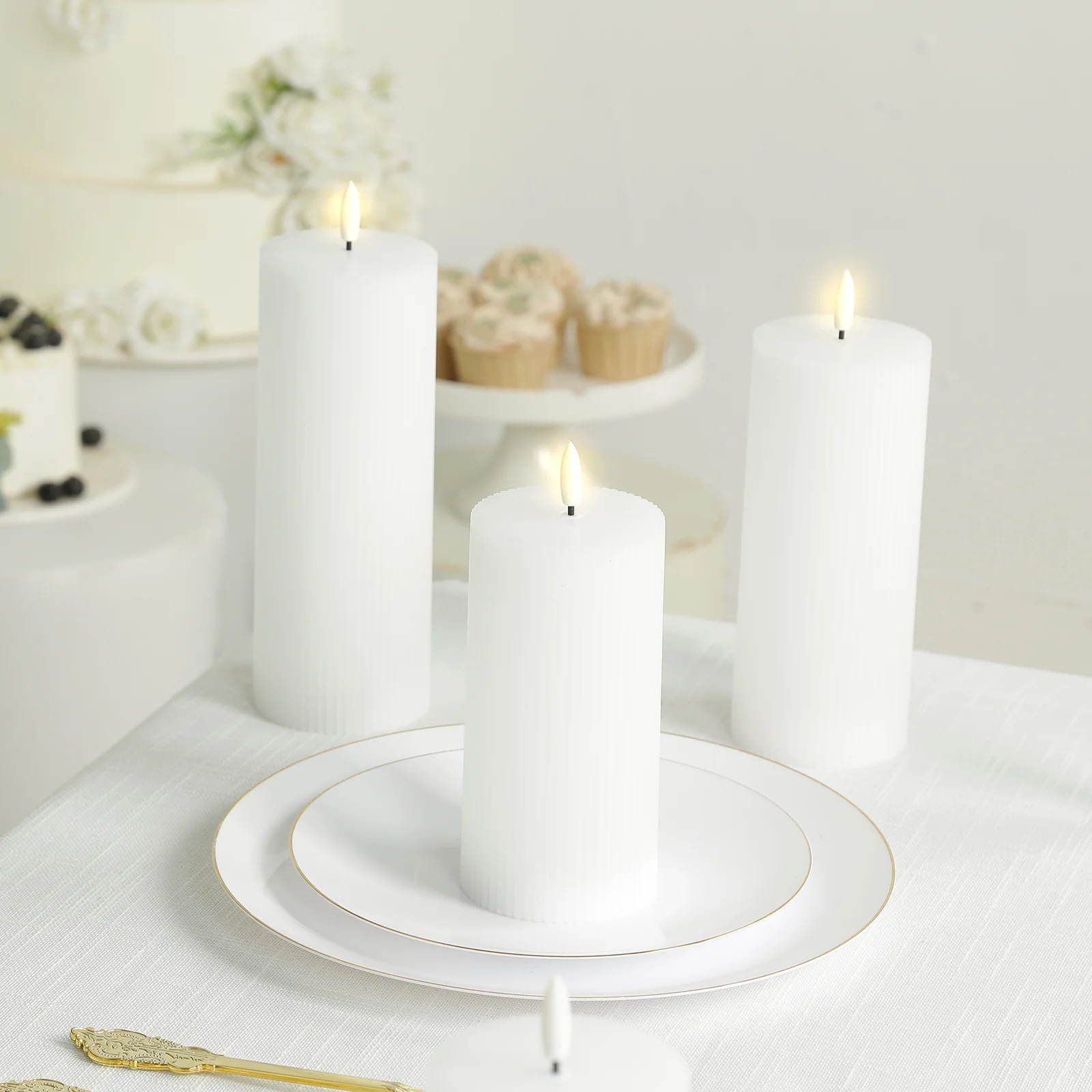Set of 5 White LED Flameless Pillar Candles – Battery Operated Flickering Candles, Real Wax Exterior, Ribbed Design, 4″–8″, Warm White - Image 7