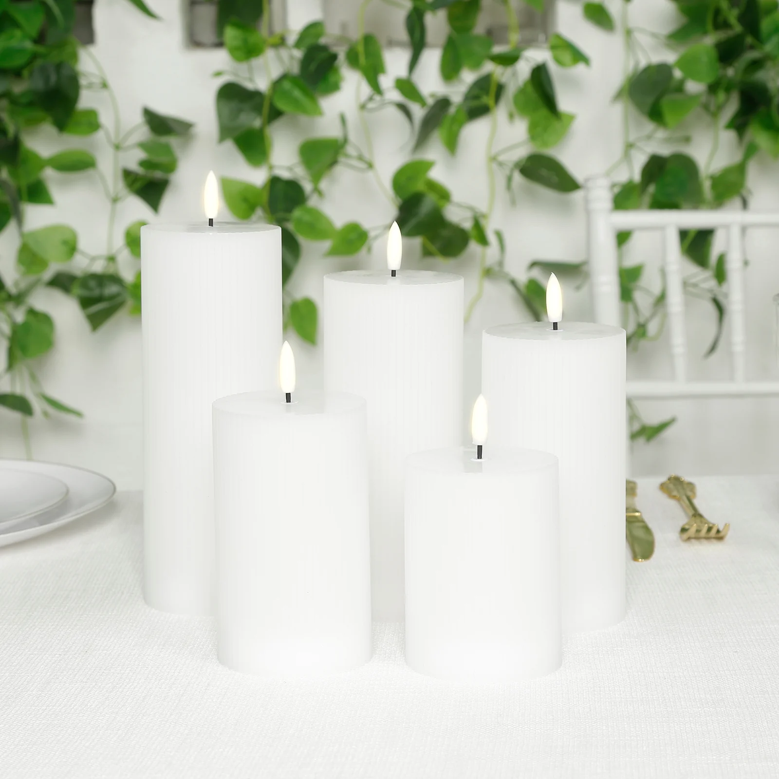 Set of 5 White LED Flameless Pillar Candles – Battery Operated Flickering Candles, Real Wax Exterior, Ribbed Design, 4″–8″, Warm White - Image 9