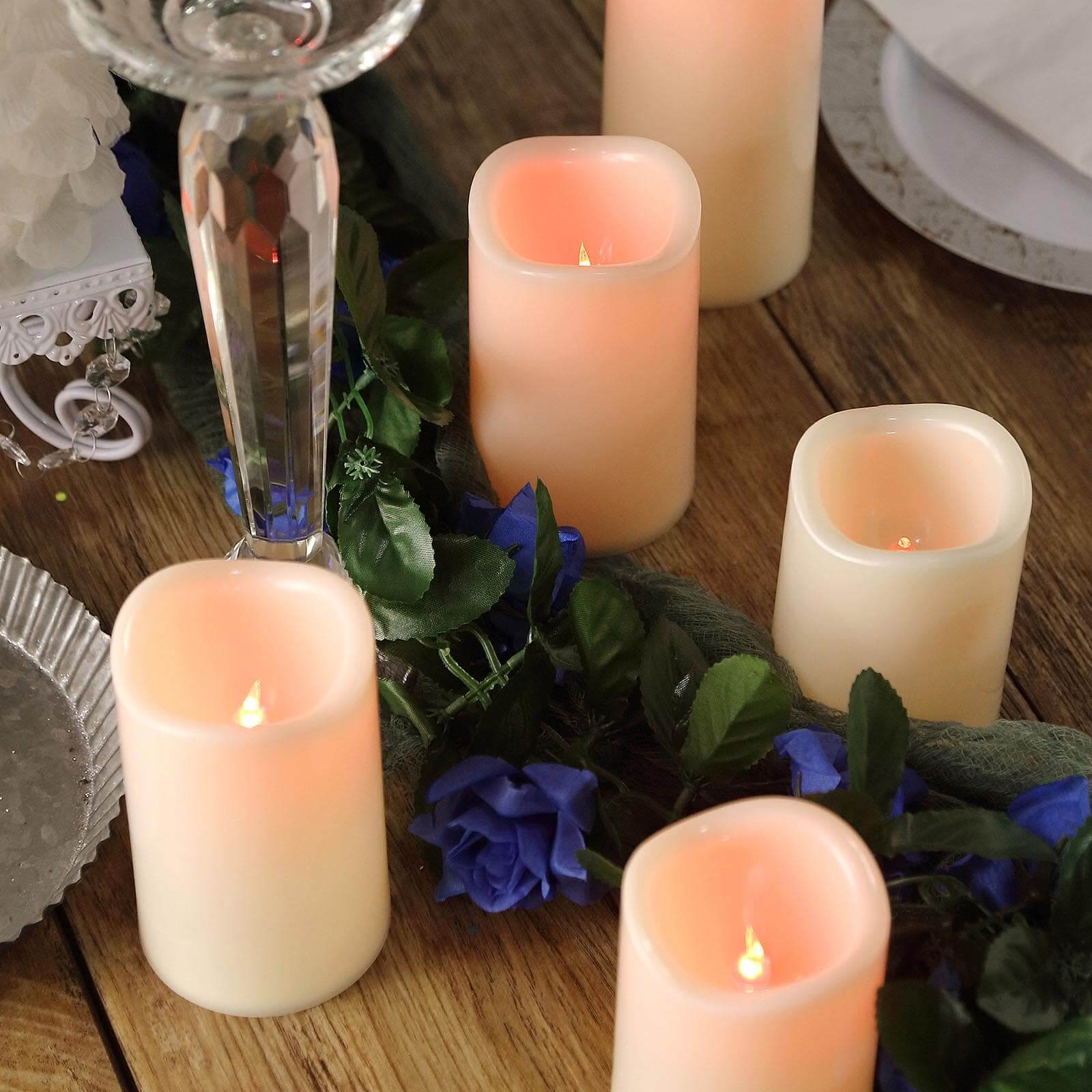 Set of 5 LED Pillar Candles Ivory 4", 5", 6" - Color Changing Flickering Battery Operated With Remote - Image 2