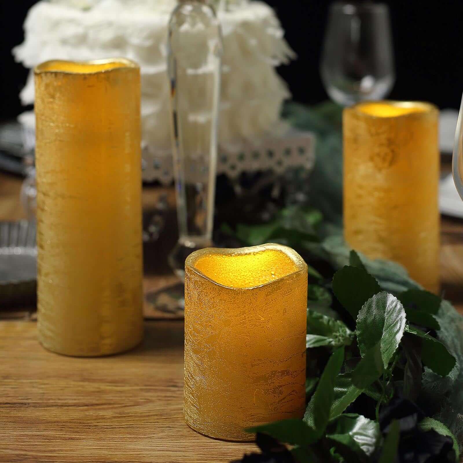Set of 3 LED Pillar Candles Metallic Gold 4", 6", 8" - Remote Operated Battery Powered Flameless Lighting - Image 2