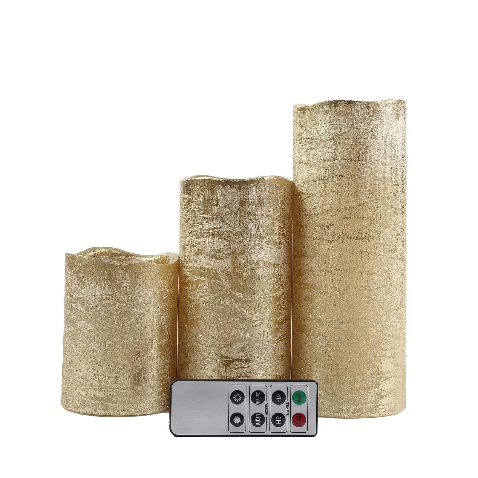 Set of 3 LED Pillar Candles Metallic Gold 4", 6", 8" - Remote Operated Battery Powered Flameless Lighting - Image 6