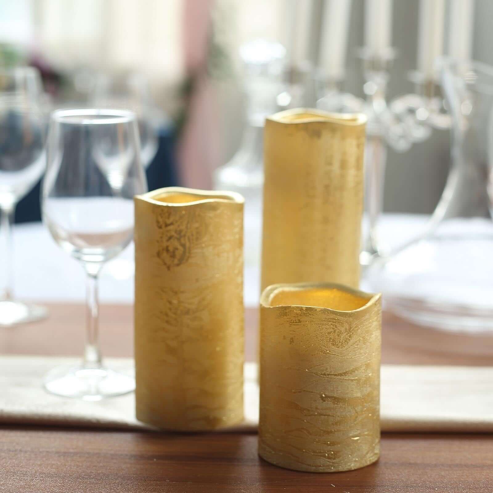 Set of 3 LED Pillar Candles Metallic Gold 4", 6", 8" - Remote Operated Battery Powered Flameless Lighting - Image 8