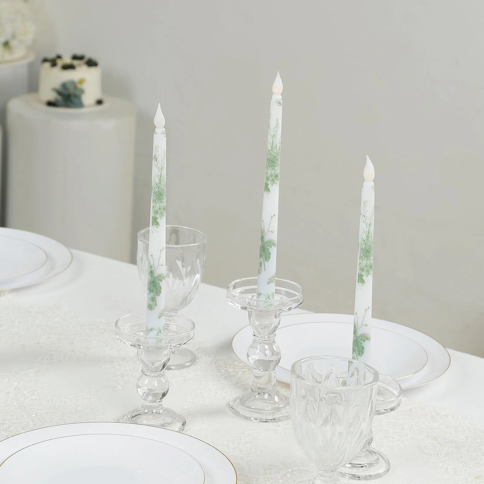 6-Pack LED Flameless Taper Candles – 11" Battery Operated Flickering, White & Sage Green French Toile Design - Image 6