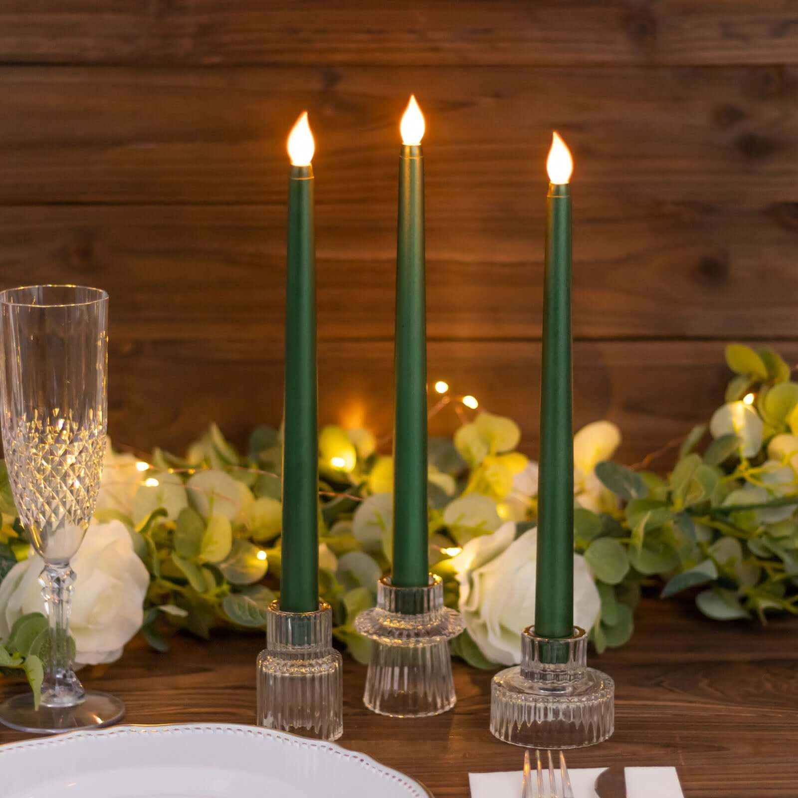 3-Pack LED Taper Candles 11" Warm Flickering Hunter Emerald Green - Flameless Decorative Lighting