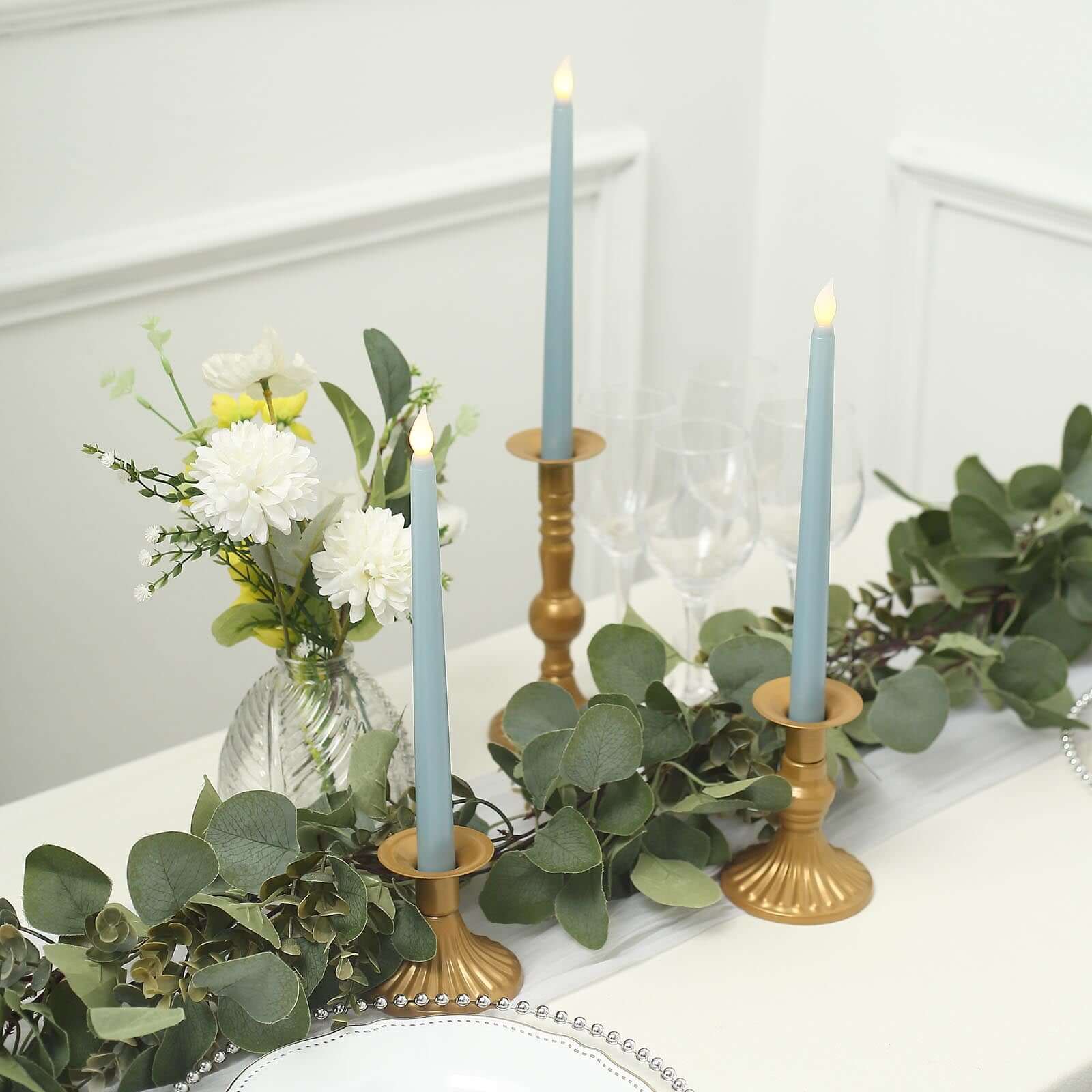 3-Pack LED Taper Candles 11" Warm Flickering Dusty Blue - Flameless Decorative Lighting - Image 6