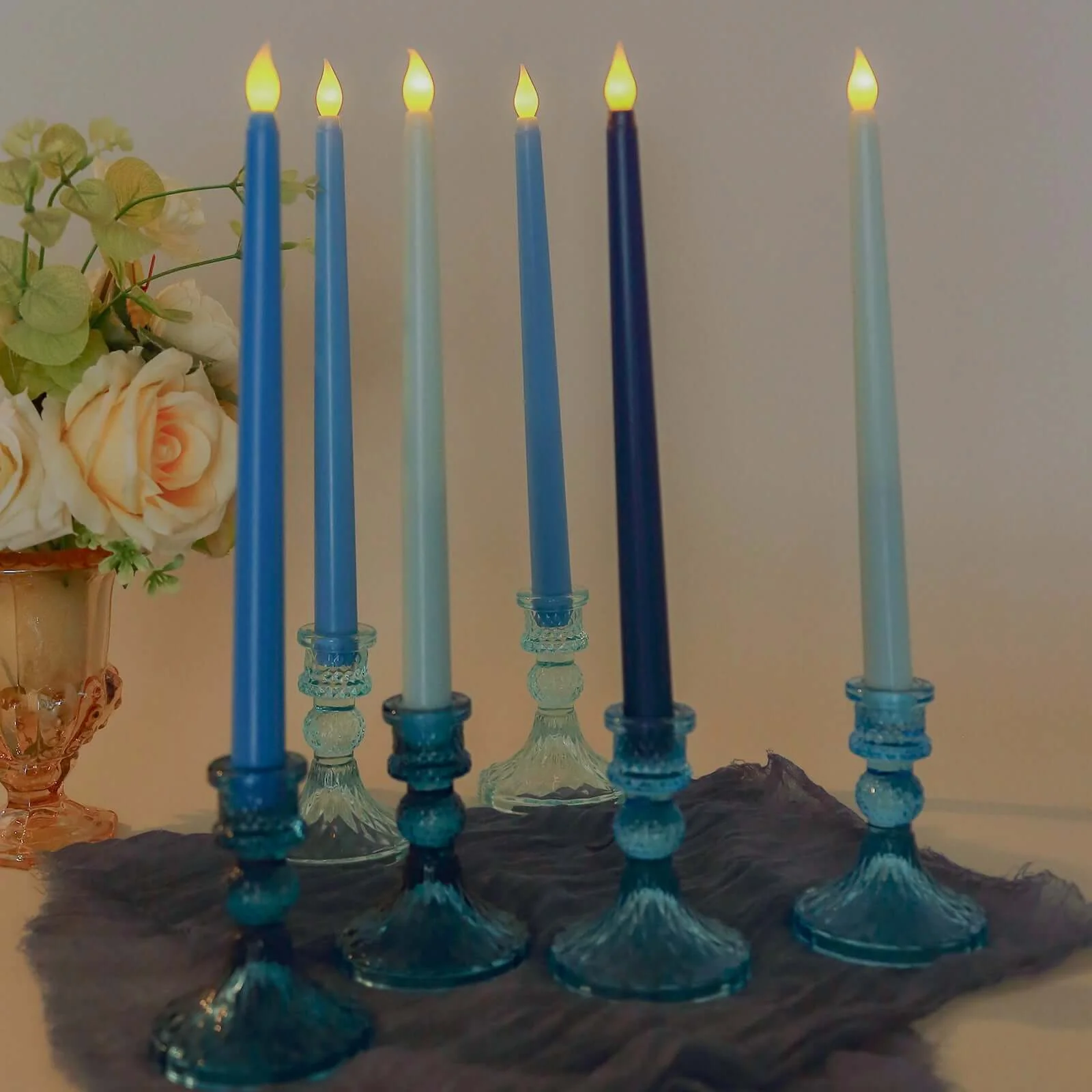8-Pack LED Taper Candles 11" Flickering Mixed Blue - Flameless Battery Operated Lighting - Image 2