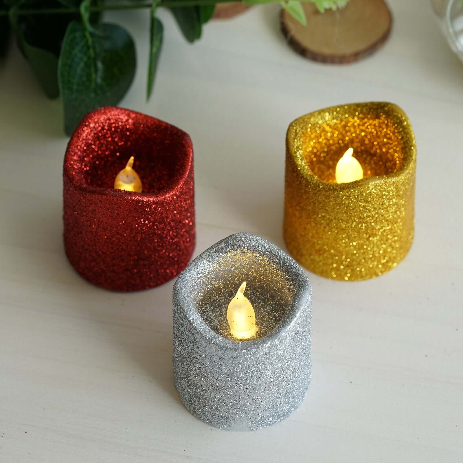 12-Pack LED Votive Candles Red Glittered Design - Flameless Battery Operated Reusable Lighting - Image 13