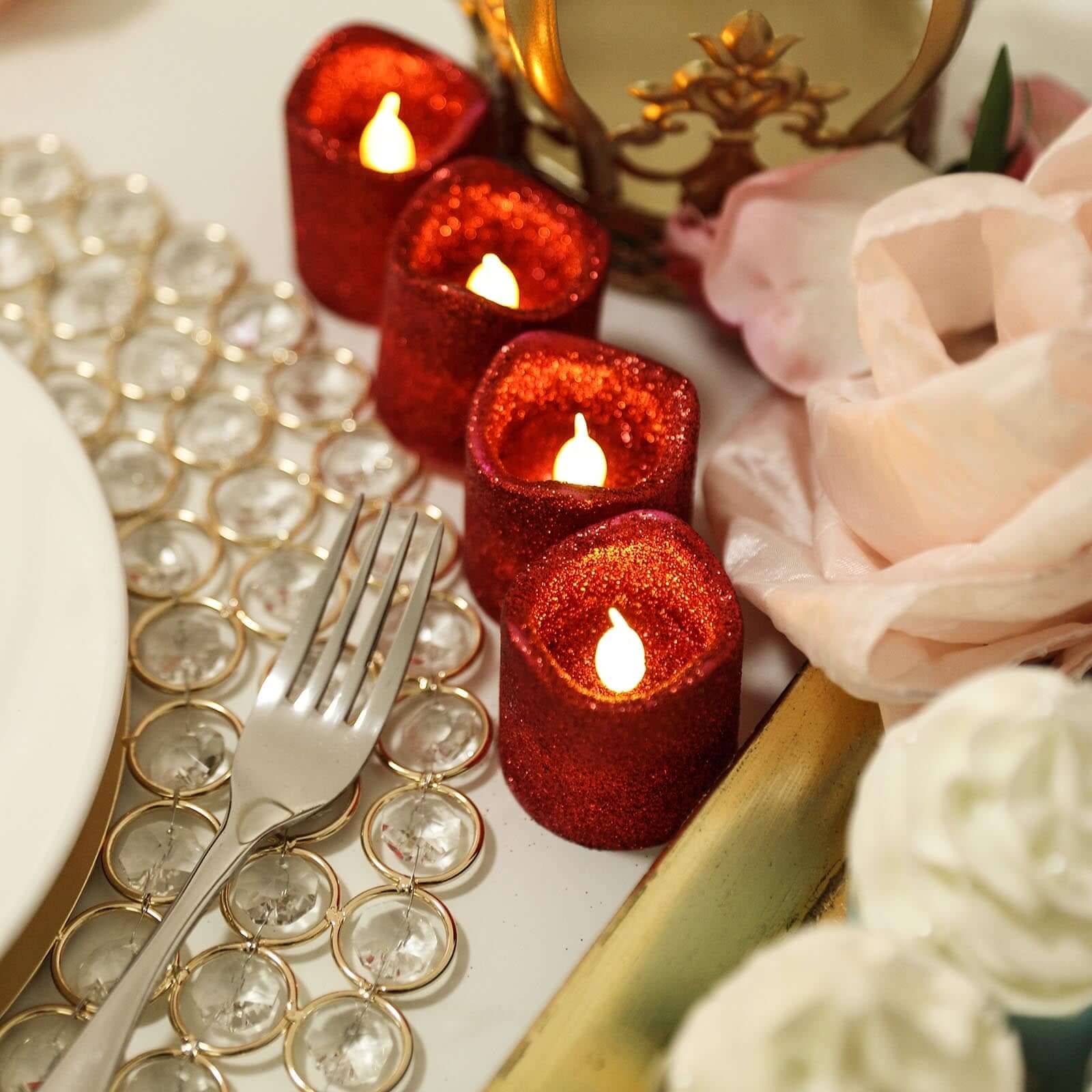 12-Pack LED Votive Candles Red Glittered Design - Flameless Battery Operated Reusable Lighting - Image 18
