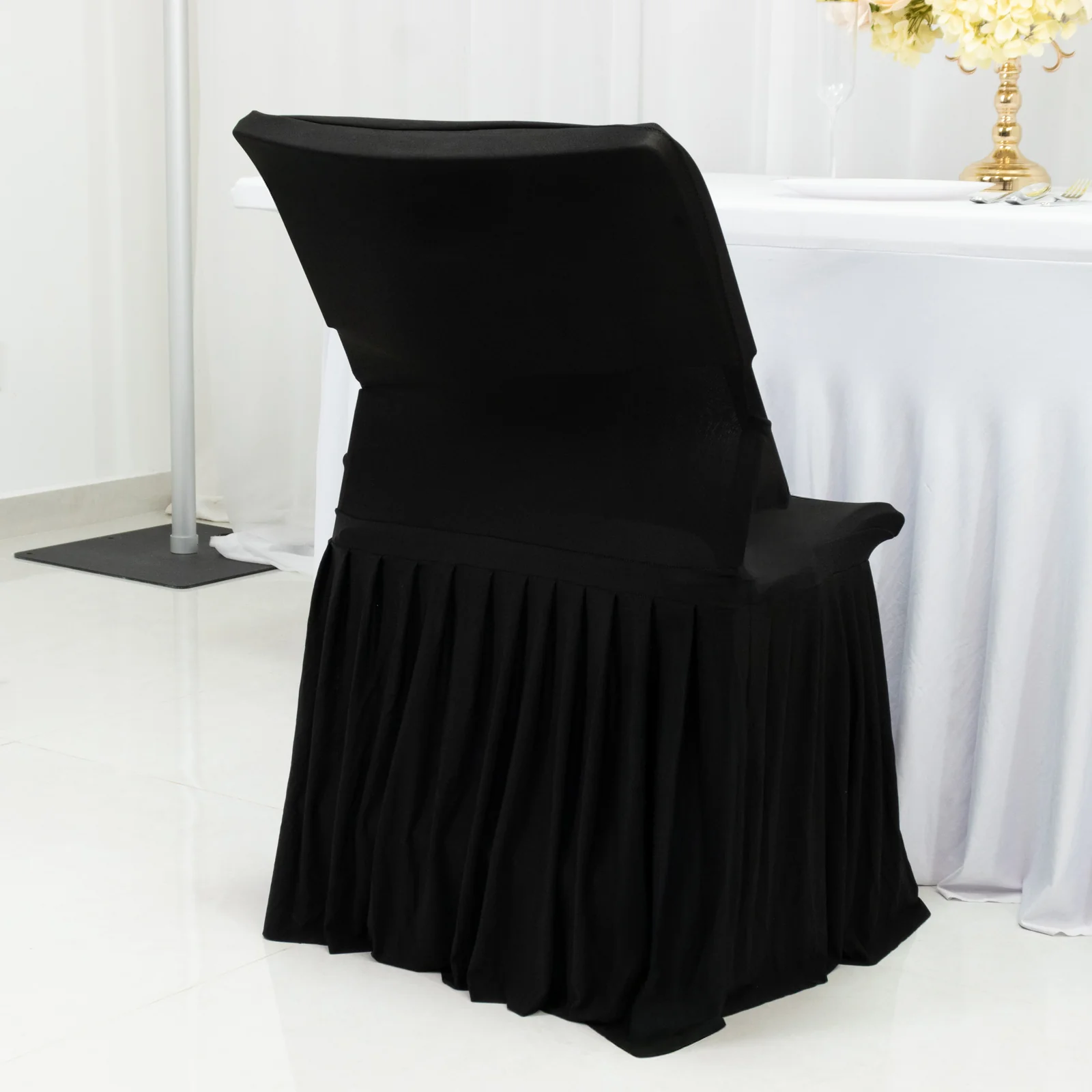 Lifetime Folding Chair Cover Black – Spandex Pleated Stretch Slipcover with Floor-Length Skirt, Also Fits Standard Chairs - Image 2
