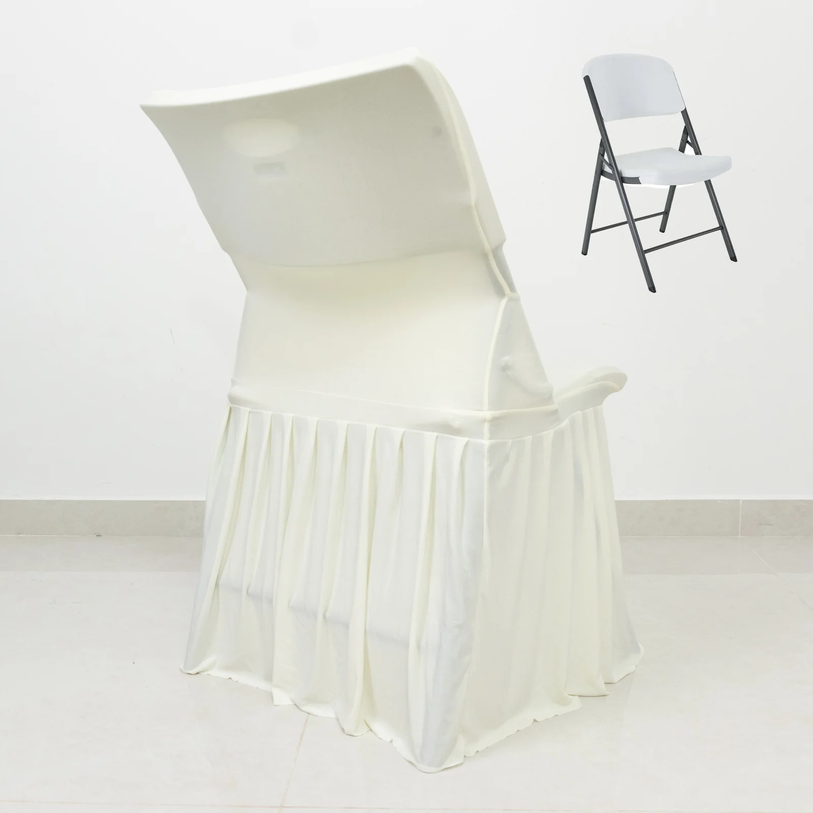 Lifetime Folding Chair Cover Ivory – Spandex Pleated Stretch Slipcover with Floor-Length Skirt, Also Fits Standard Chairs - Image 3