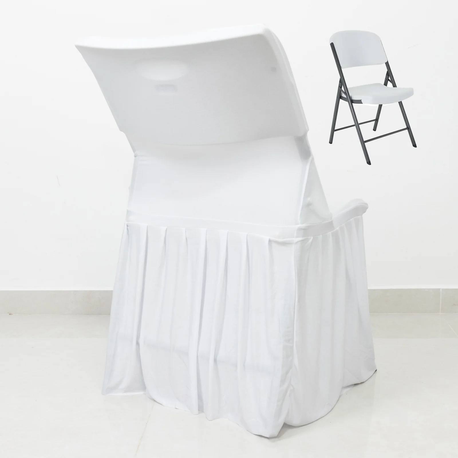Lifetime Folding Chair Cover White – Spandex Pleated Stretch Slipcover with Floor-Length Skirt, Also Fits Standard Chairs - Image 3