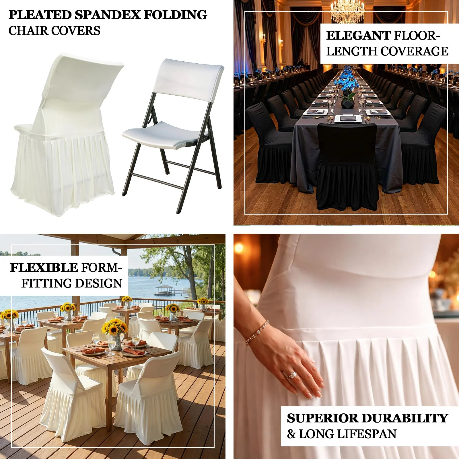 Lifetime Folding Chair Cover White – Spandex Pleated Stretch Slipcover with Floor-Length Skirt, Also Fits Standard Chairs - Image 4