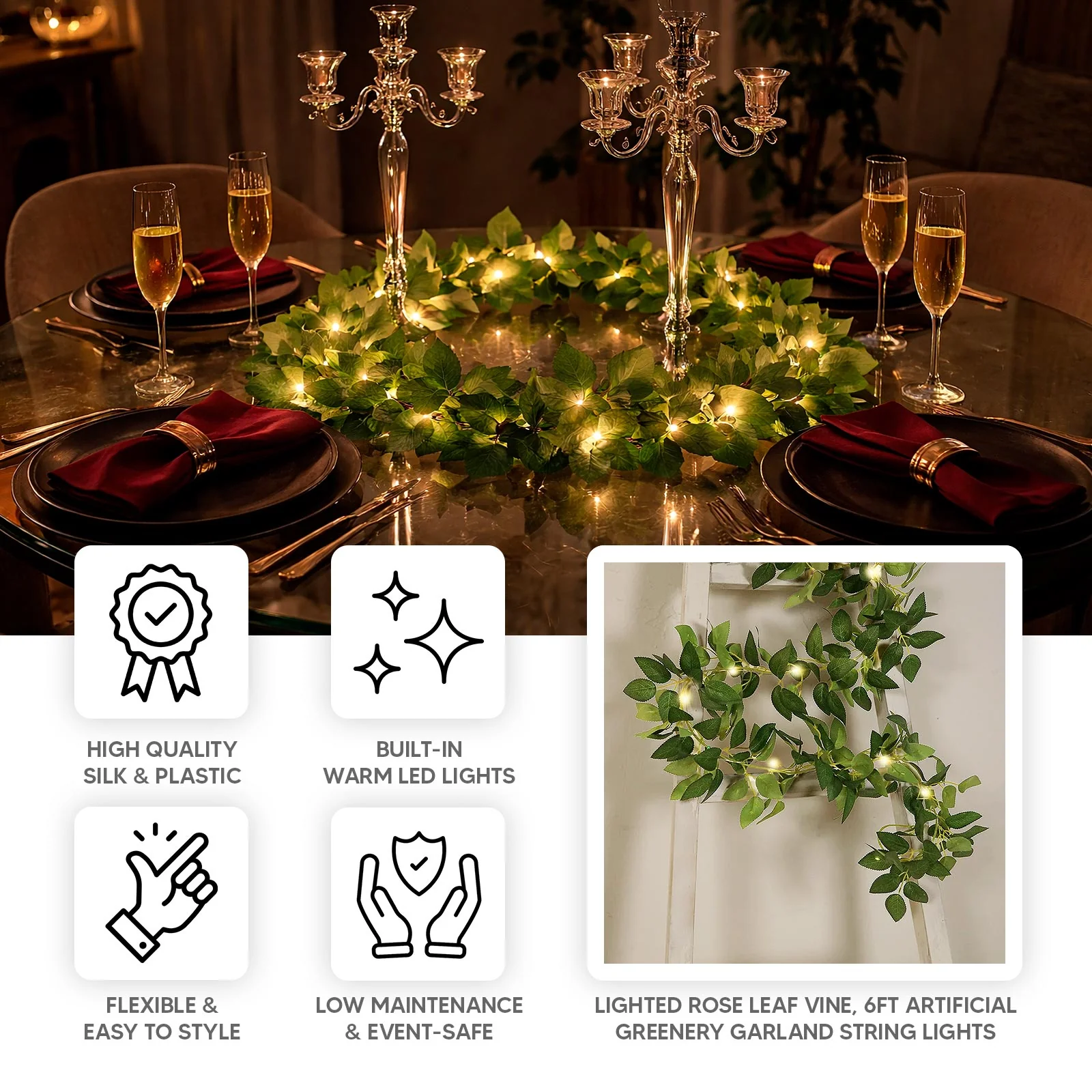 Lighted Rose Leaf Vine, 6ft Artificial Greenery Garland String Lights for Home & Wedding Decor - Image 4