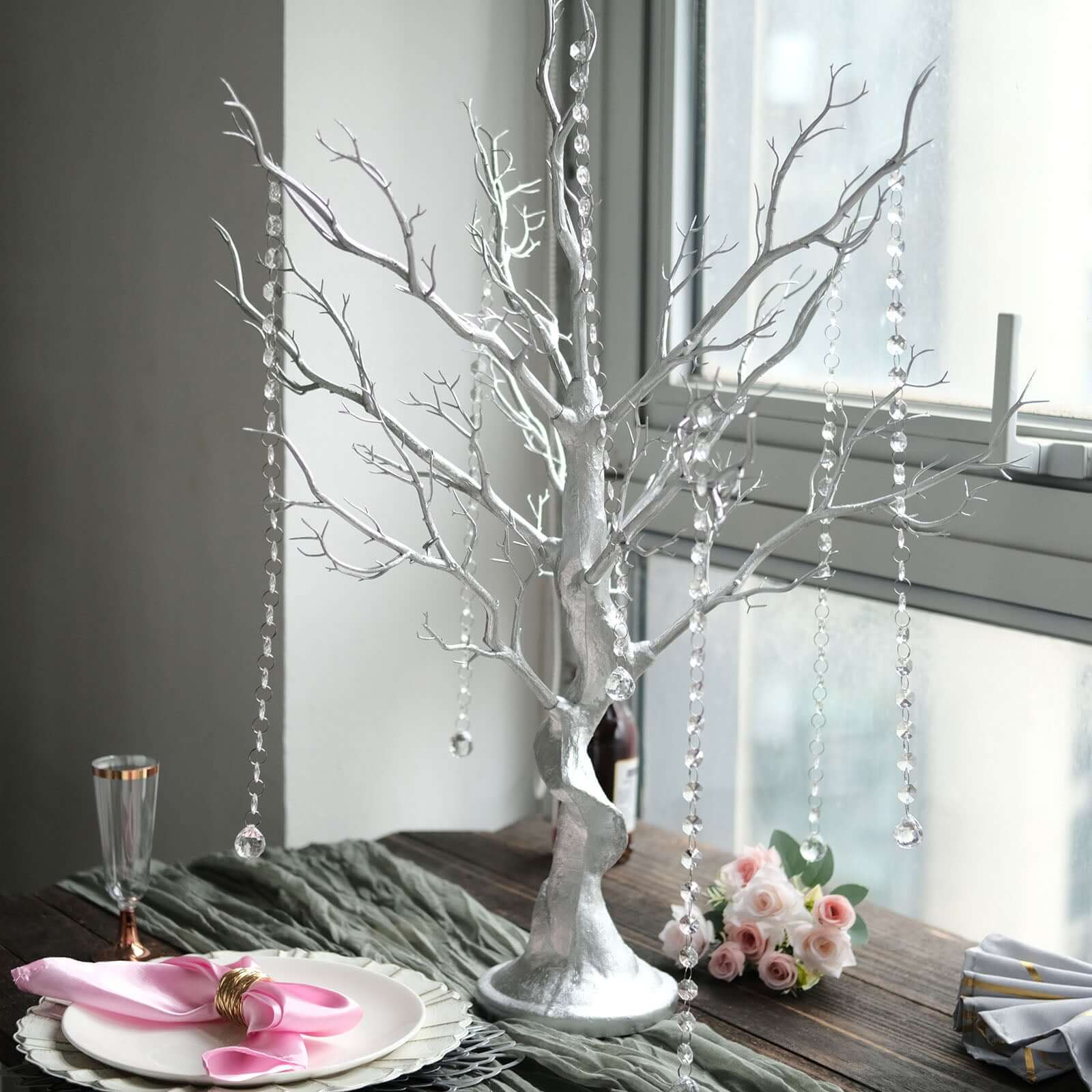 Manzanita Tree Centerpiece 34" Metallic Silver with 8 Acrylic Bead Chains - Easy Assembly Decorative Artificial Tree - Image 2