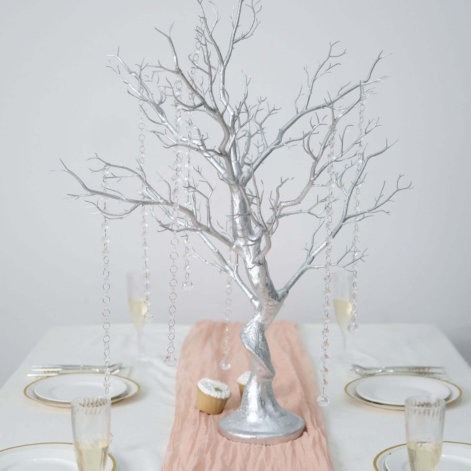 Manzanita Tree Centerpiece 34" Metallic Silver with 8 Acrylic Bead Chains - Easy Assembly Decorative Artificial Tree - Image 7