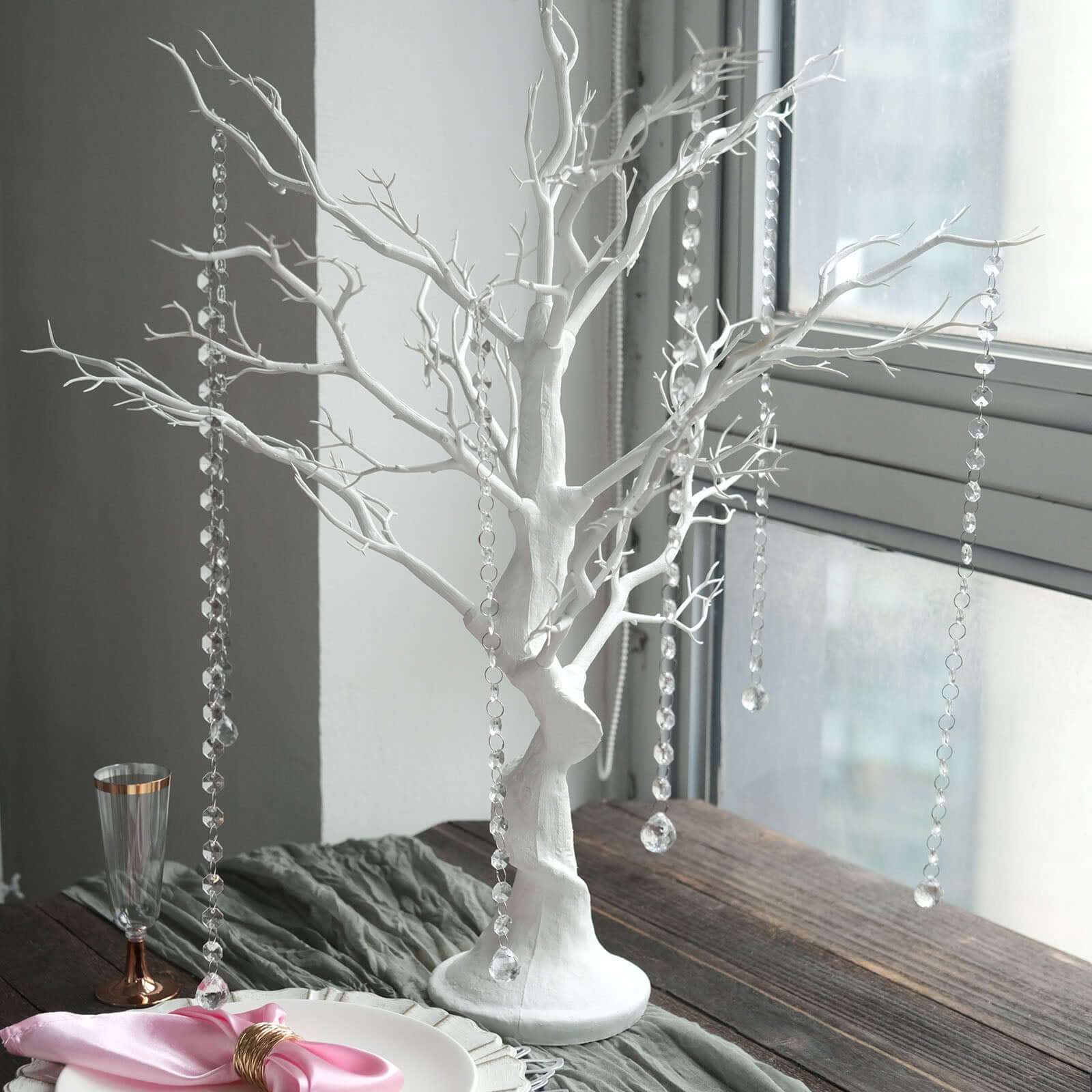 Manzanita Tree Centerpiece 34" White with 8 Acrylic Bead Chains - Easy Assembly Decorative Artificial Tree for Glamorous Weddings Events & Decor - Image 2