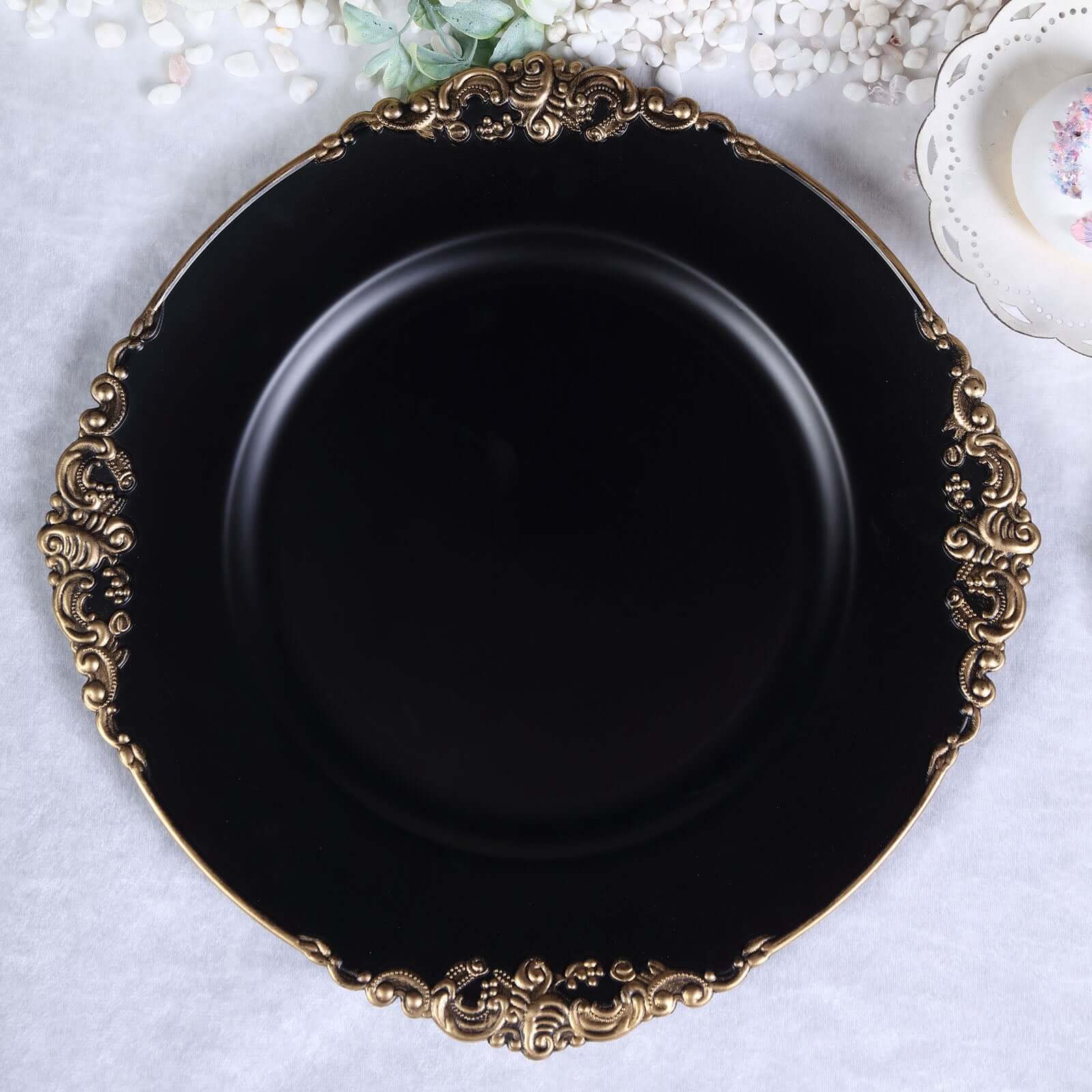6-Pack Acrylic Charger Plates 13" Round Matte Black with Gold Embossed Baroque Rim - Antique Decorative Dinner Party Charger Tableware