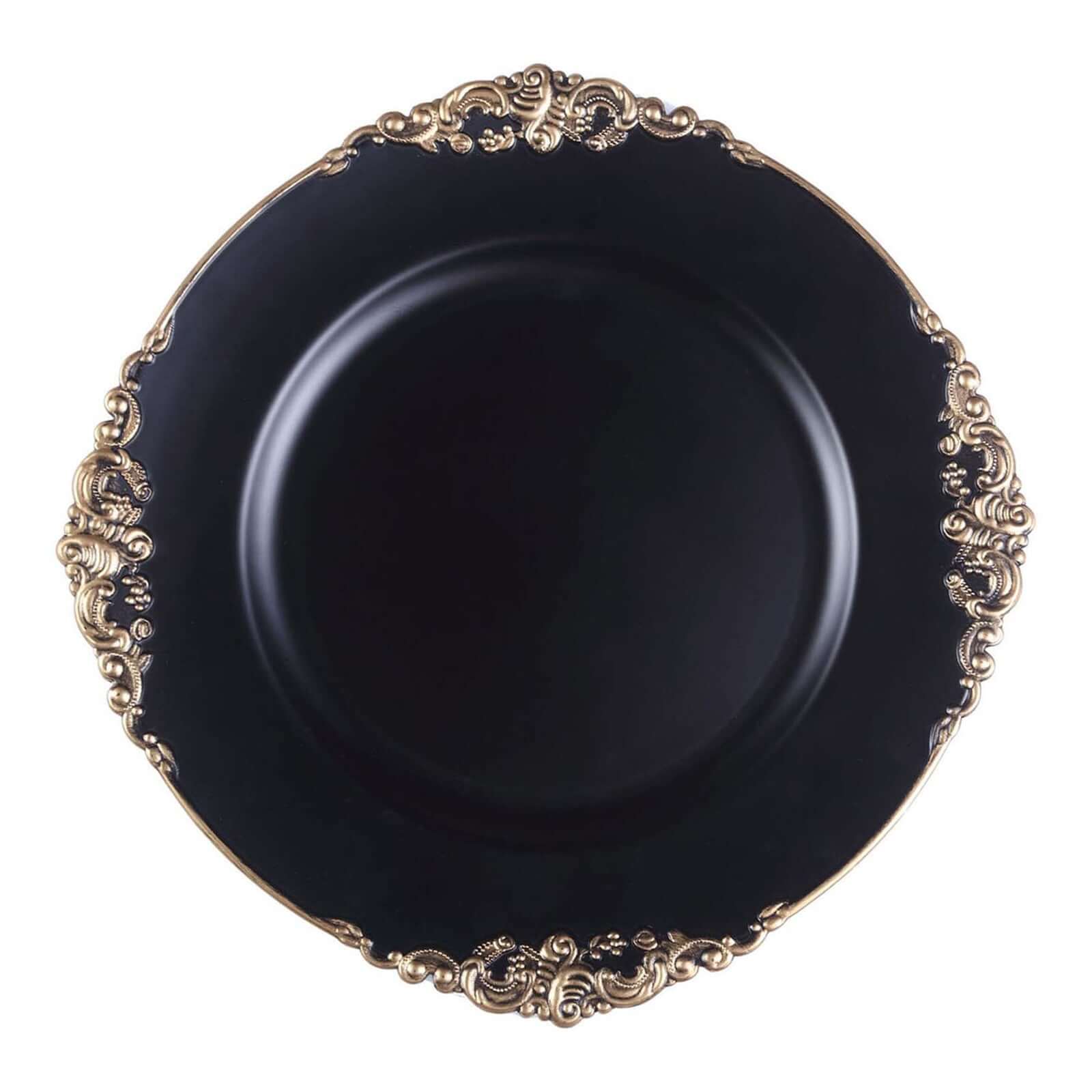 6-Pack Acrylic Charger Plates 13" Round Matte Black with Gold Embossed Baroque Rim - Antique Decorative Dinner Party Charger Tableware - Image 6