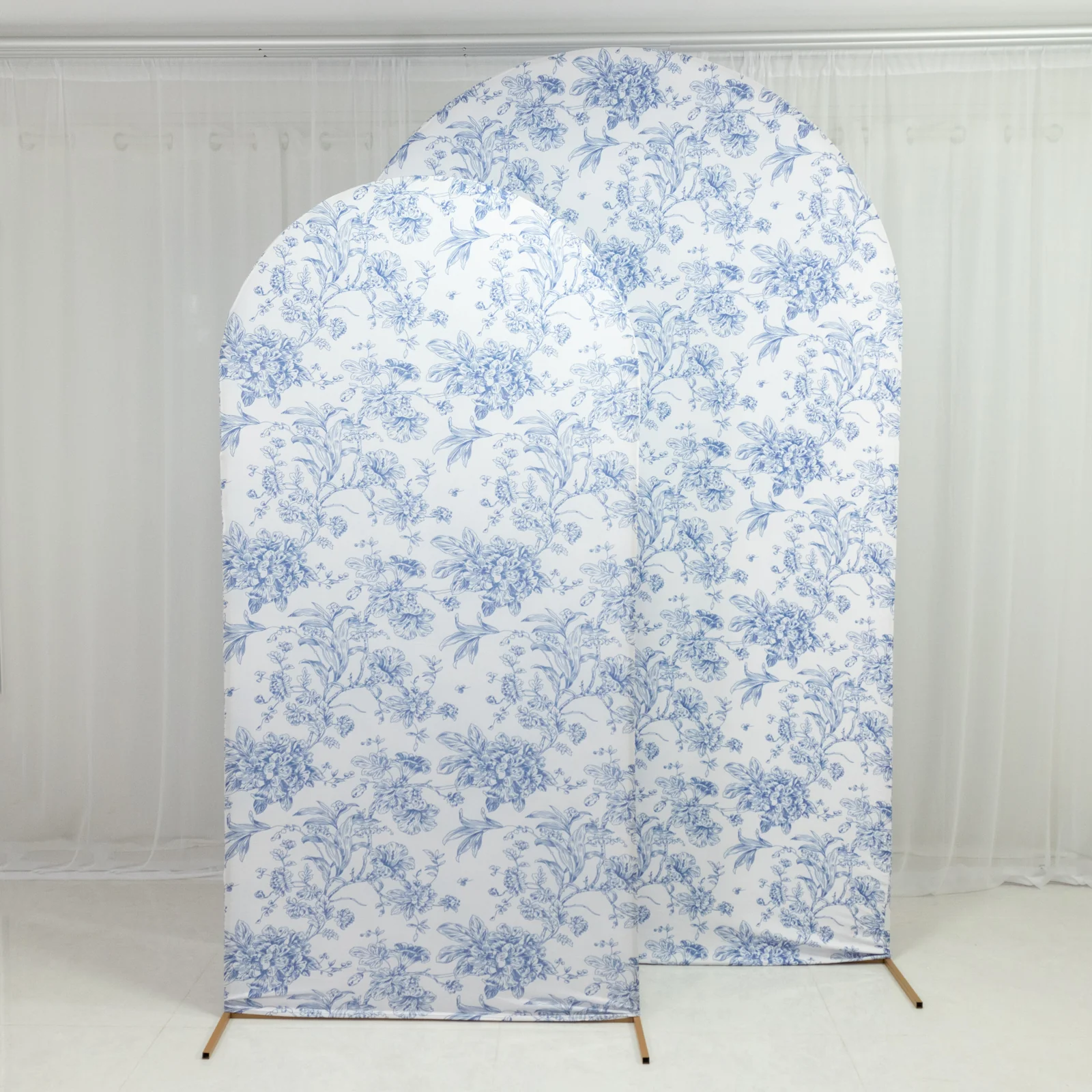 Spandex Fitted Chiara Backdrop Cover – French Toile Floral in Blue & White, Round Top Wedding Arch Slipcover 8ft - Image 8
