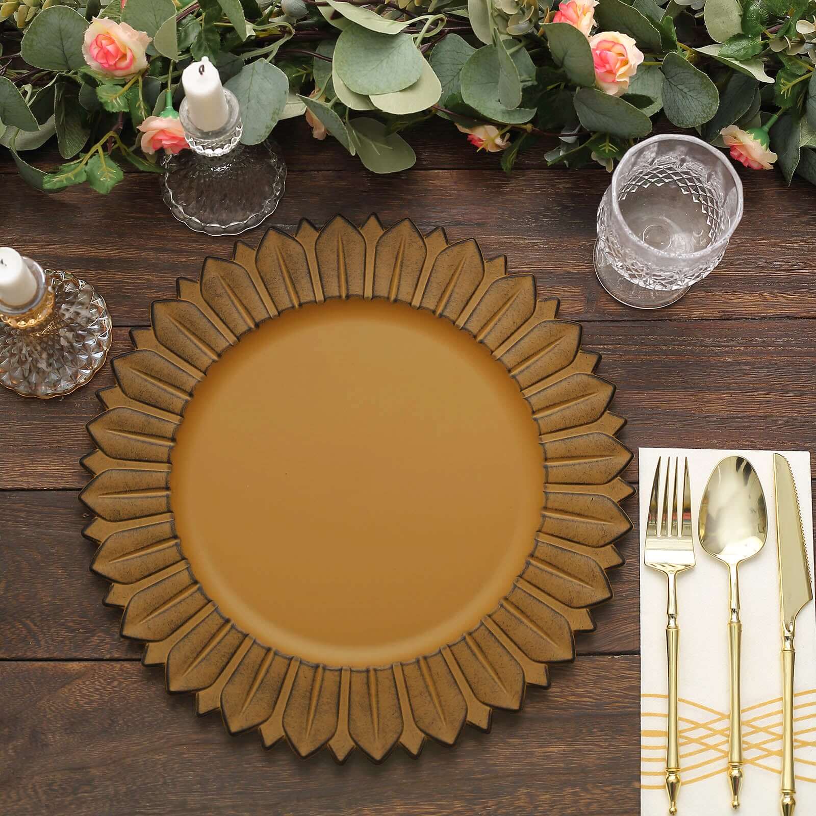 6-Pack Plastic Charger Plates 13" Round Mustard Yellow with Sunflower Rim - Matte Finish Disposable Dinner Charger Tableware - Image 4
