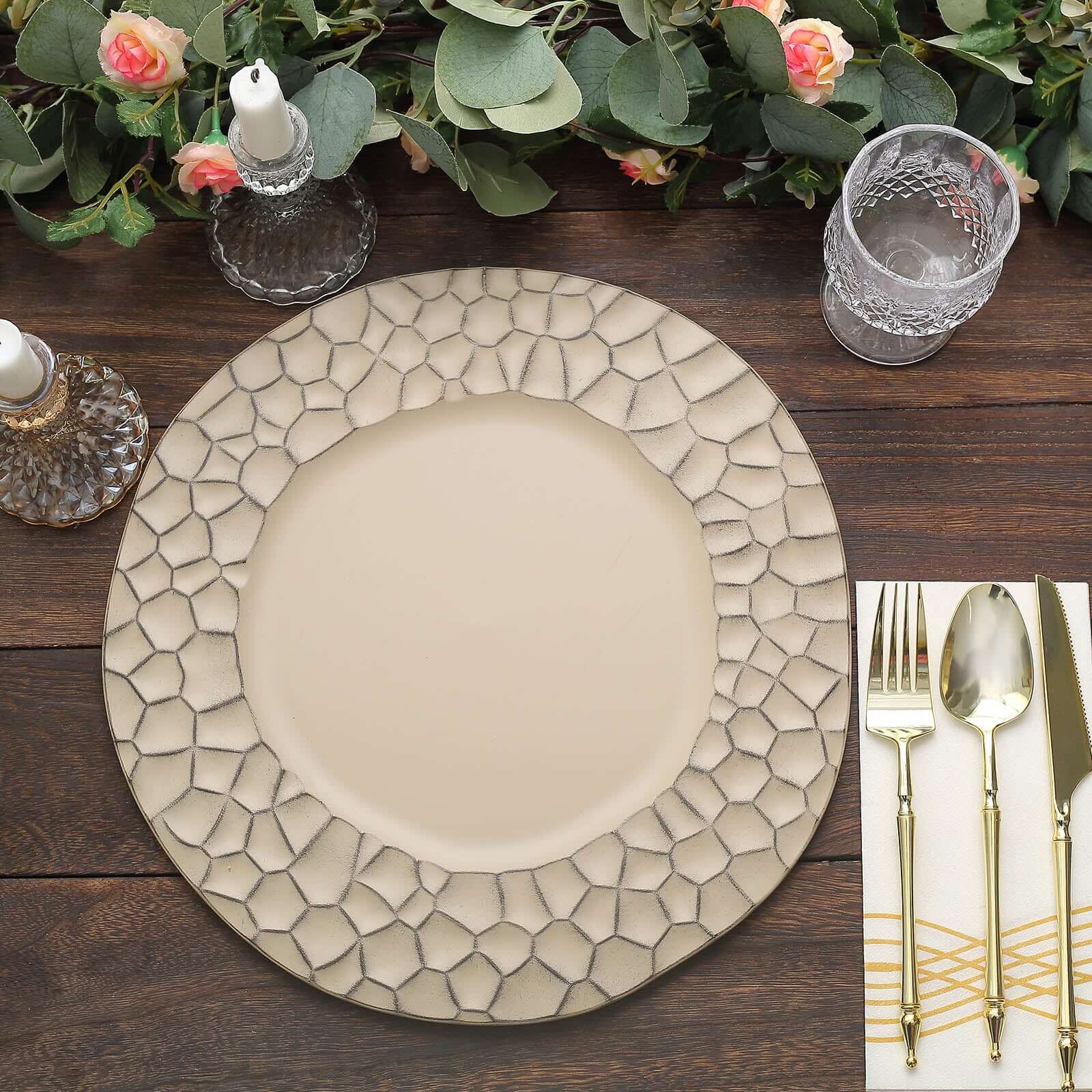 6-Pack Charger Plates 13" Round Taupe with Hammered Rim - Matte Finish Modern Dinner Charger Tableware - Image 5