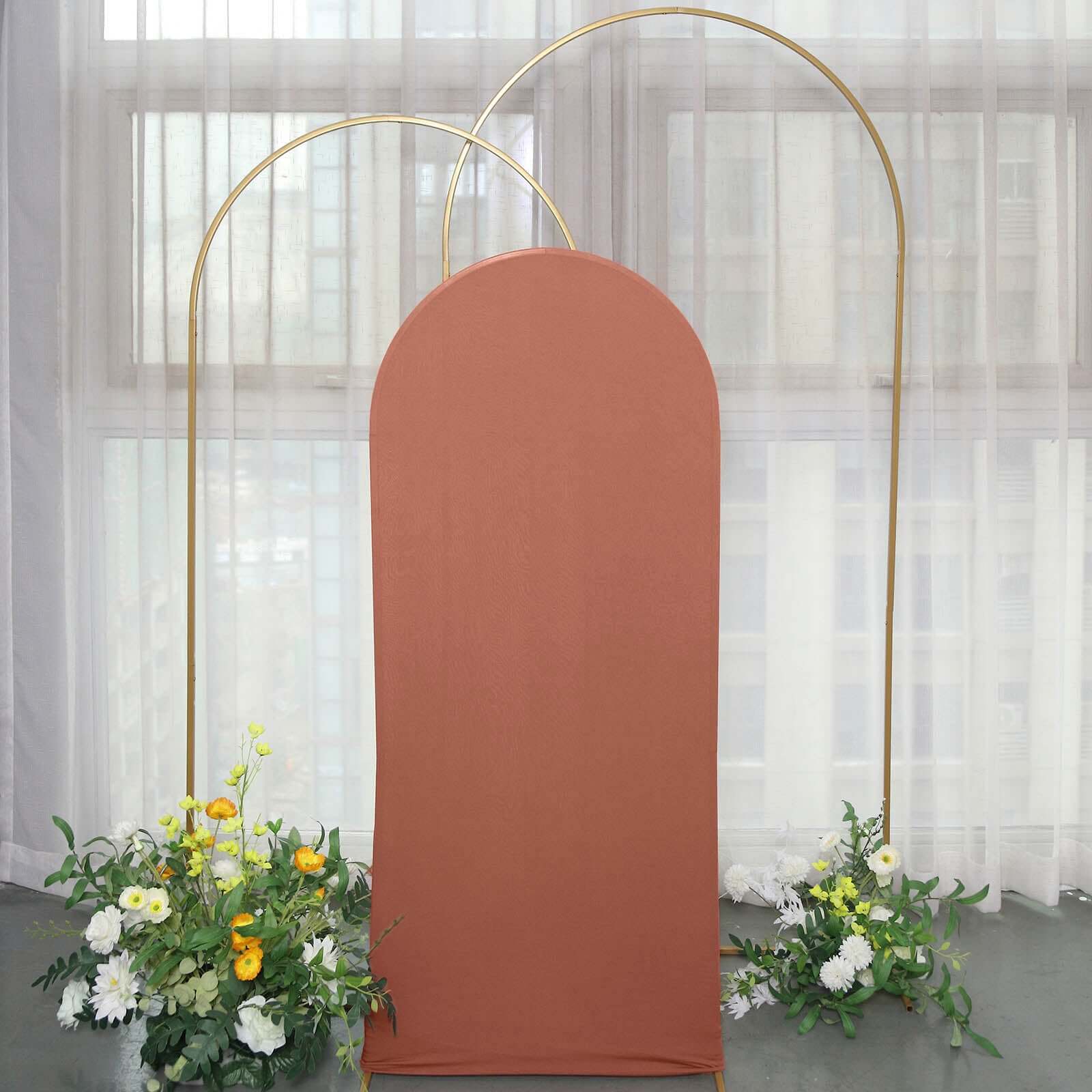 Matte Terracotta (Rust) Spandex Fitted Wedding Arch Cover For Round Top Chiara Backdrop Stand 5ft - Image 2
