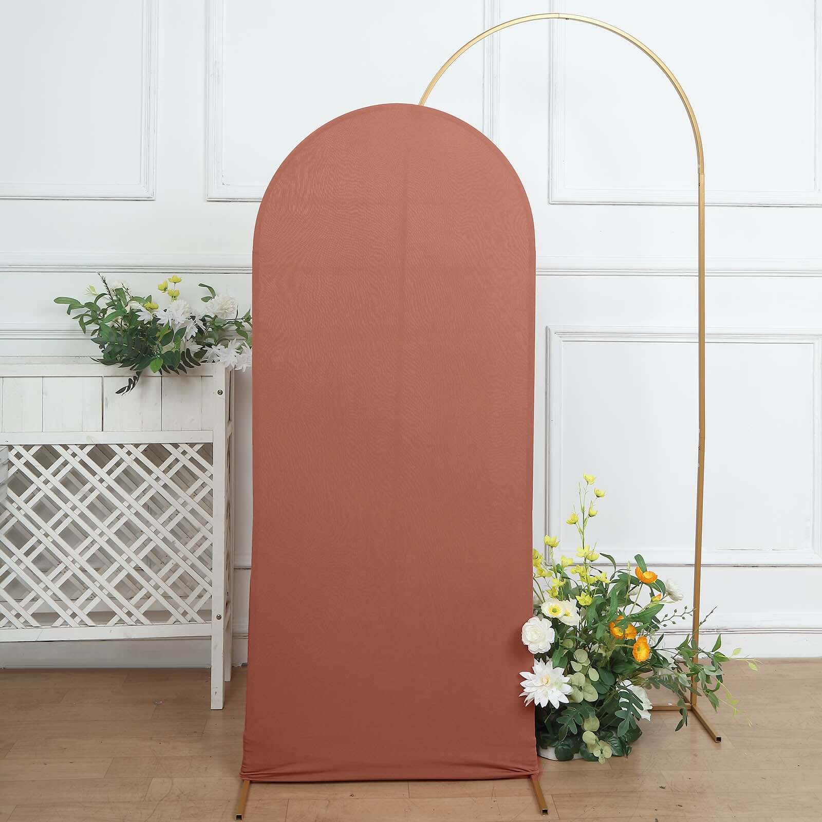 Matte Terracotta (Rust) Spandex Fitted Wedding Arch Cover For Round Top Chiara Backdrop Stand 5ft - Image 7