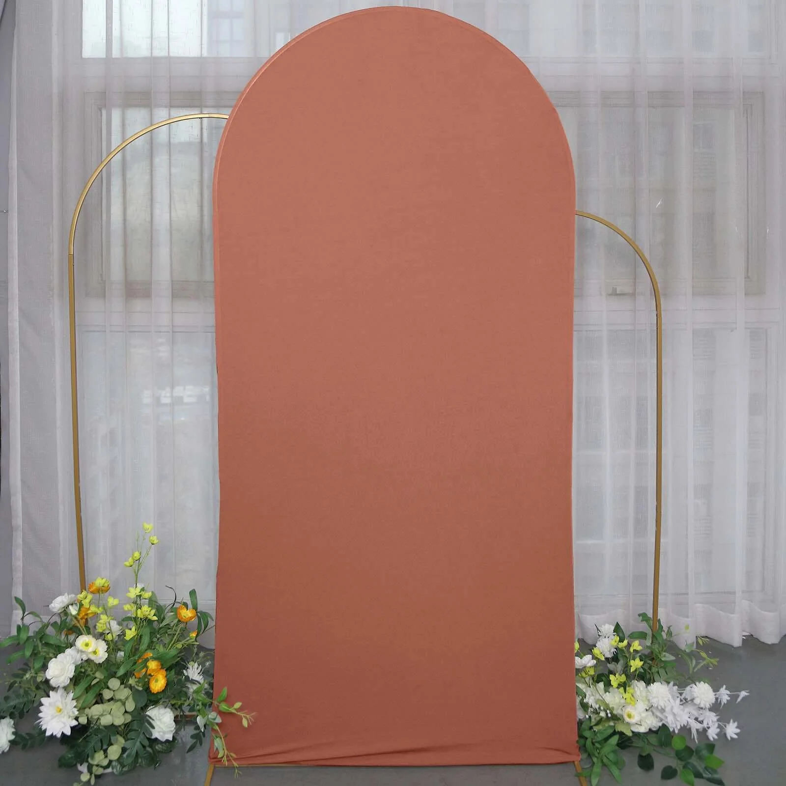 Matte Terracotta (Rust) Spandex Fitted Wedding Arch Cover For Round Top Chiara Backdrop Stand 7ft - Image 2