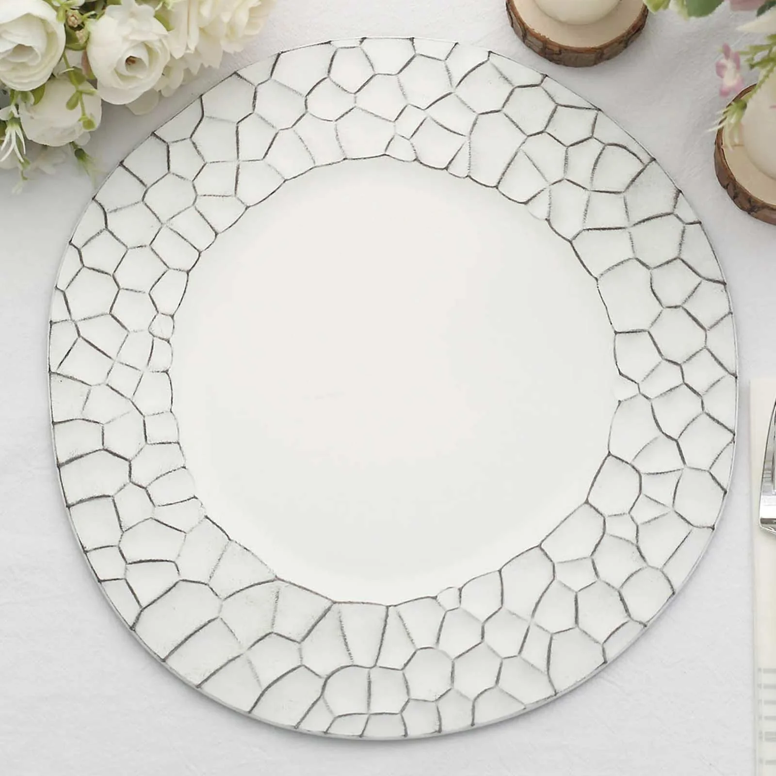 6-Pack Charger Plates 13" Round White with Hammered Rim - Matte Finish Modern Dinner Charger Tableware