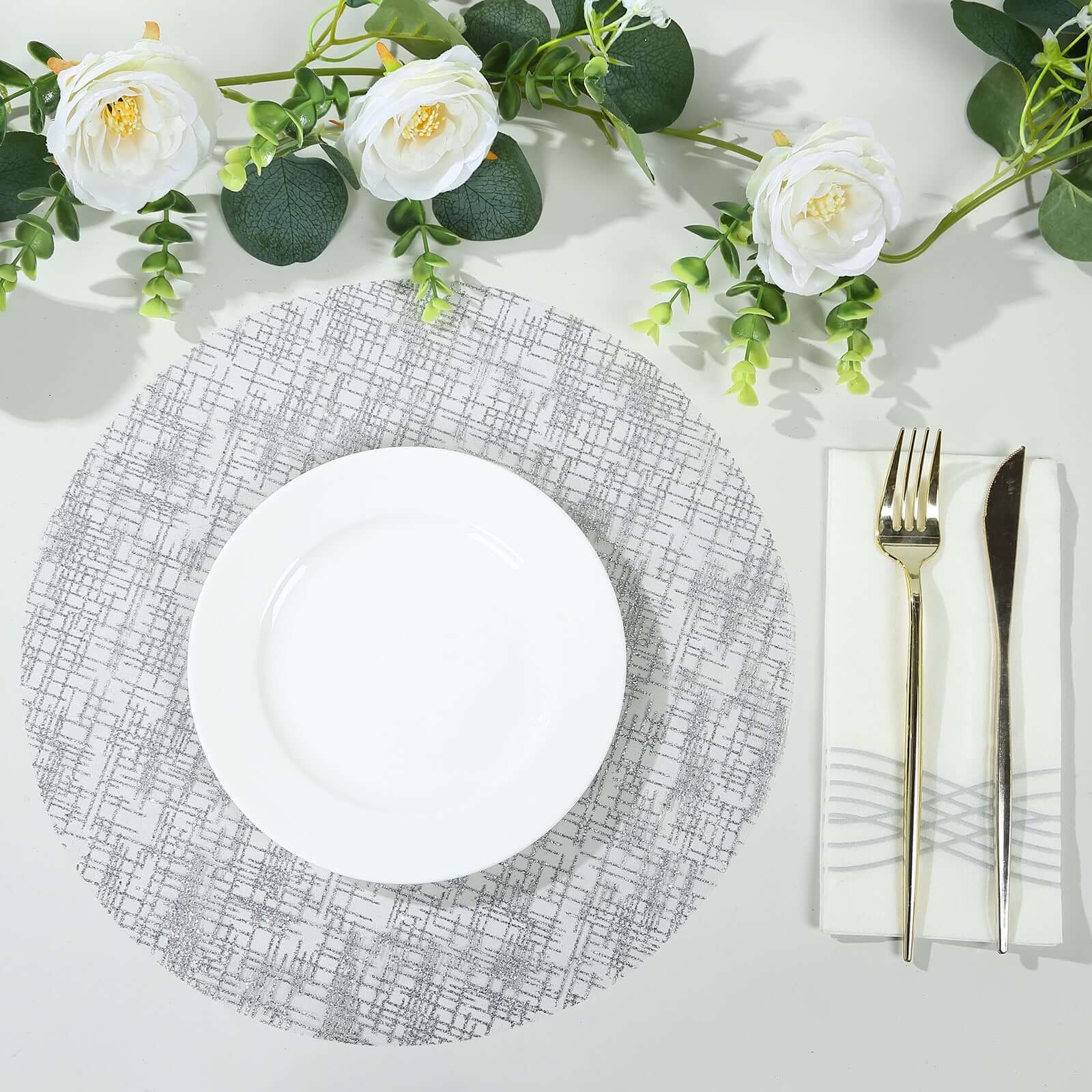 10-Pack Mesh Table Placemats 13" Round Glitter Design Metallic Silver - Polyester Disposable Dining Mats - Image 5