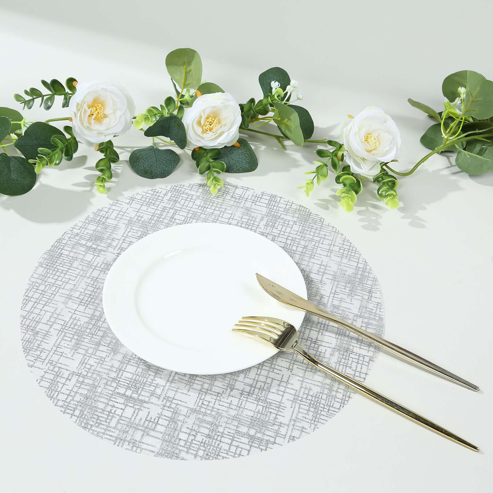 10-Pack Mesh Table Placemats 13" Round Glitter Design Metallic Silver - Polyester Disposable Dining Mats - Image 6