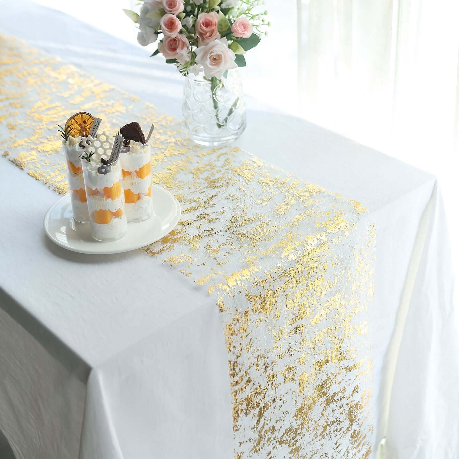 Mesh Polyester Table Runner Roll 108" Metallic Gold Distressed Foil Printing - Chic Disposable Party Table Decor - Image 2