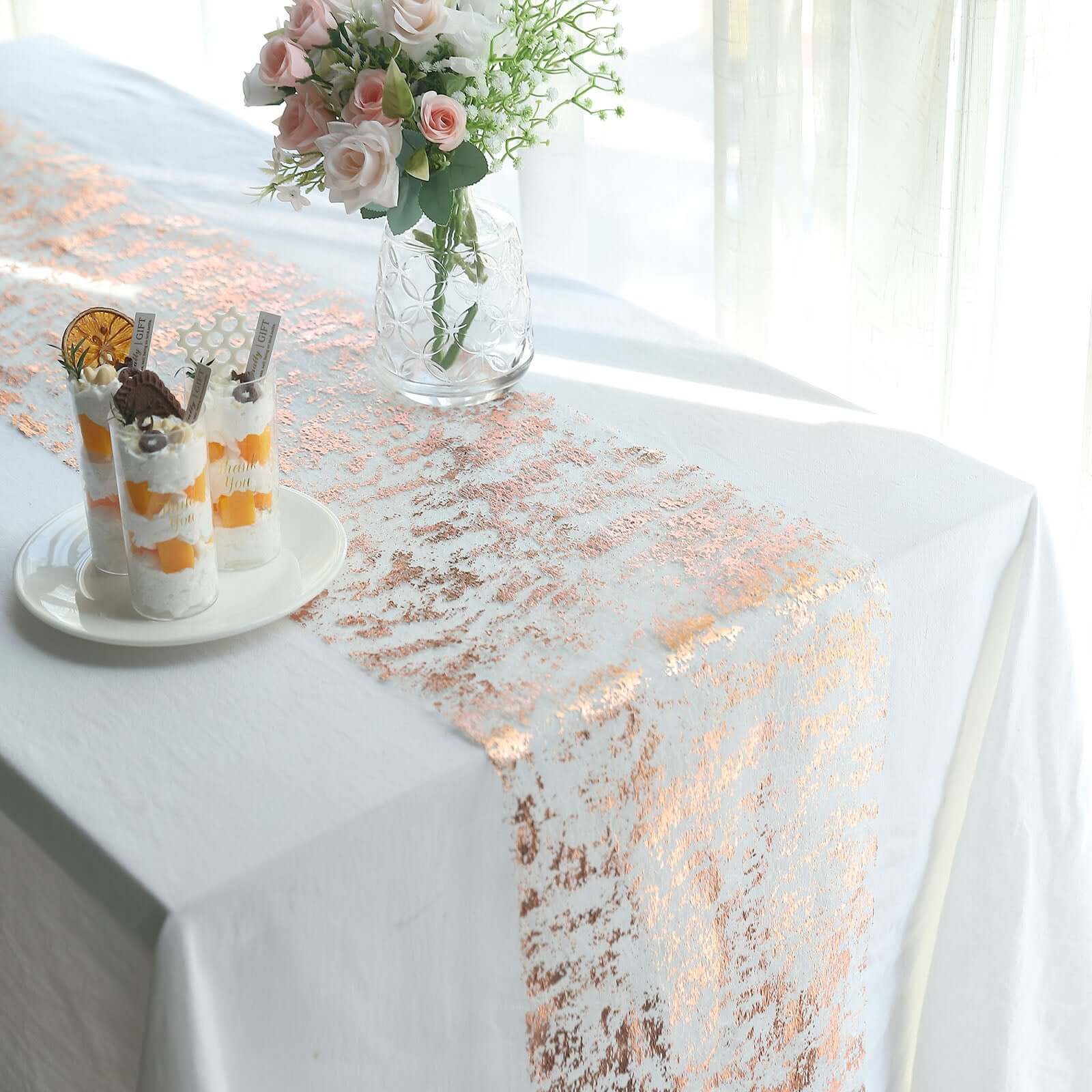 Mesh Polyester Table Runner Roll 108" Metallic Rose Gold Distressed Foil Printing - Disposable Table Decor - Image 2