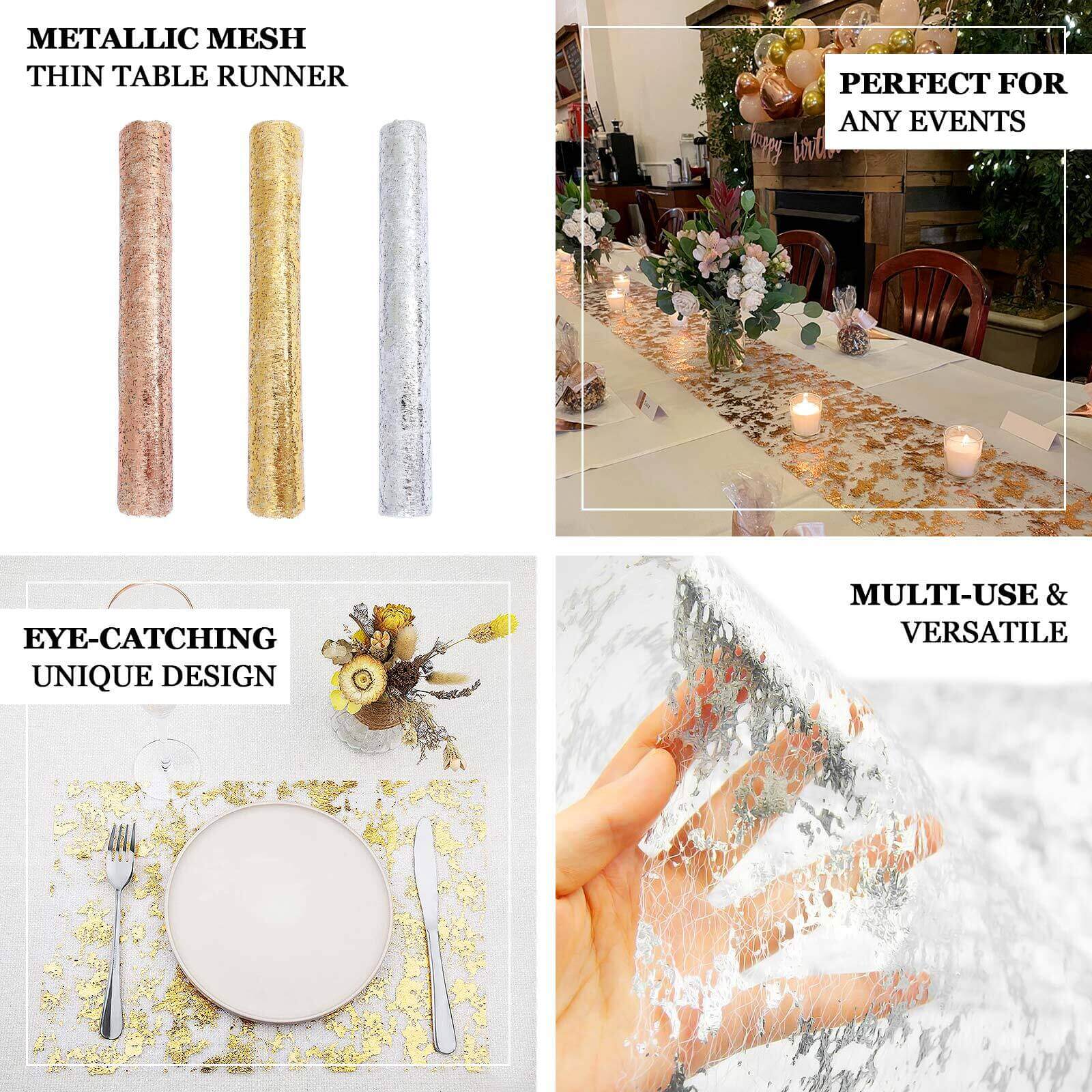 Mesh Polyester Table Runner Roll 108" Metallic Rose Gold Distressed Foil Printing - Disposable Table Decor - Image 4