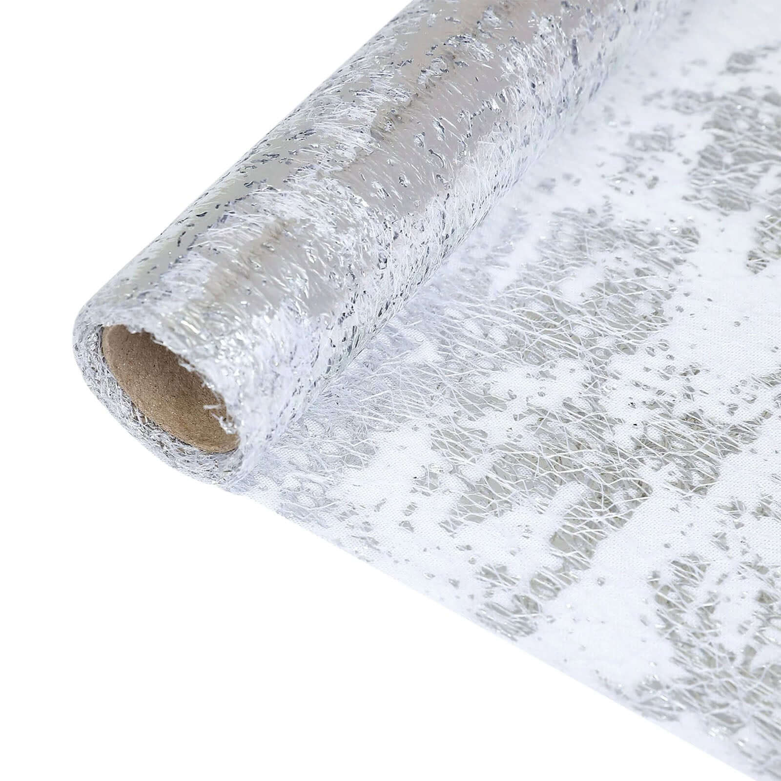 Mesh Polyester Table Runner Roll 108" Metallic Silver Distressed Foil Printing - Disposable Table Decor - Image 7