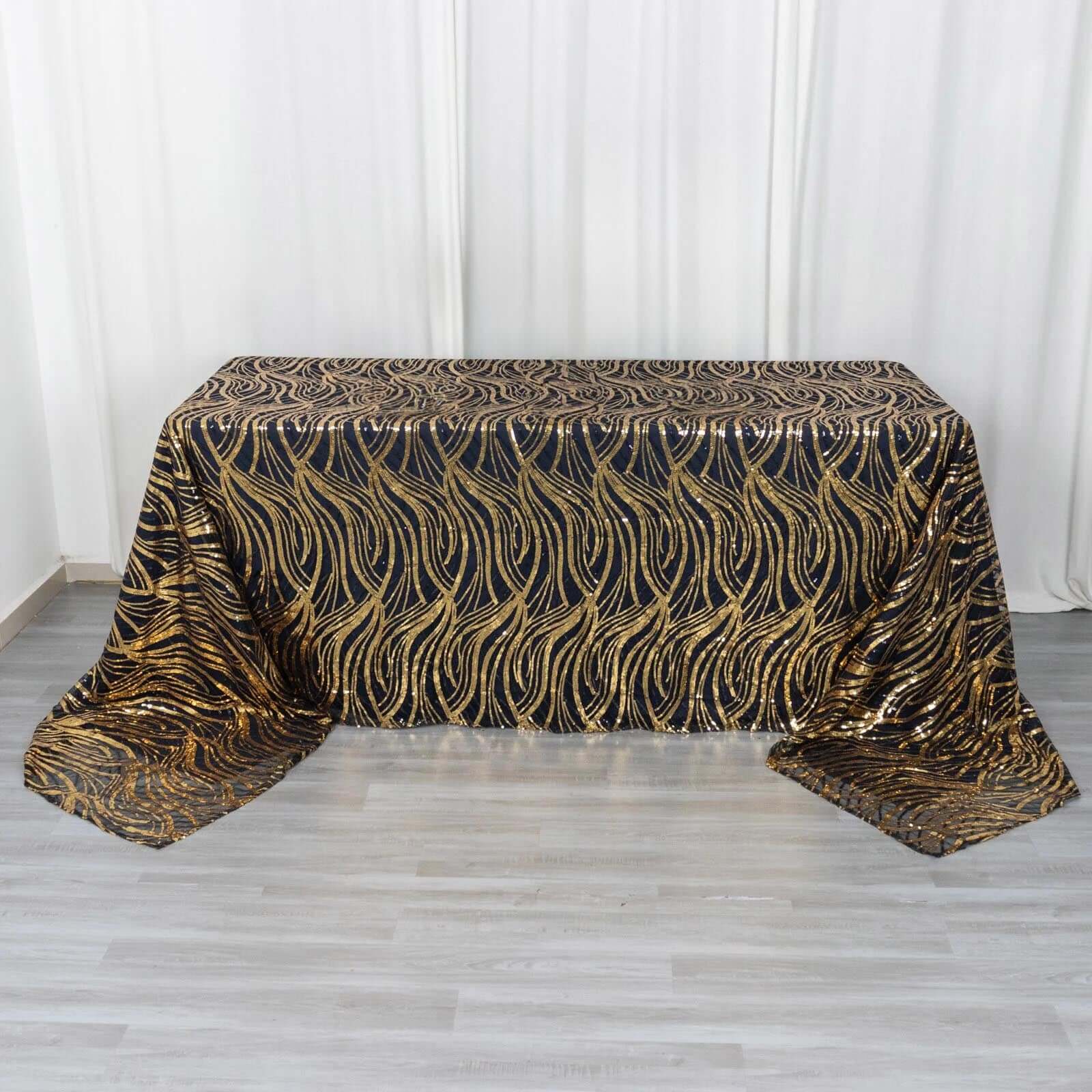 Mesh Rectangle Tablecloth 90"x156" Black Gold - Wave Embroidered Sequin Table Cover