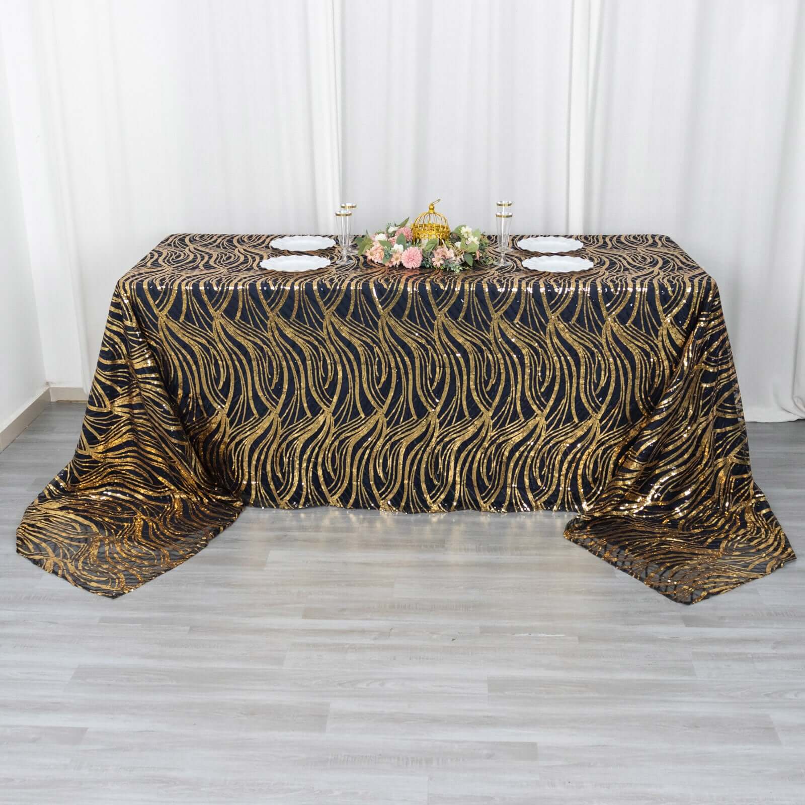 Mesh Rectangle Tablecloth 90"x156" Black Gold - Wave Embroidered Sequin Table Cover - Image 5