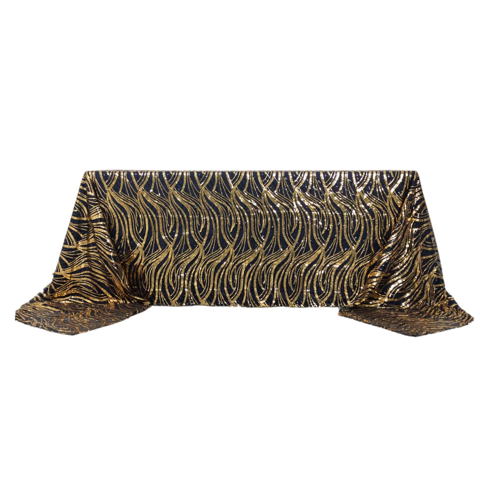 Mesh Rectangle Tablecloth 90"x156" Black Gold - Wave Embroidered Sequin Table Cover - Image 6