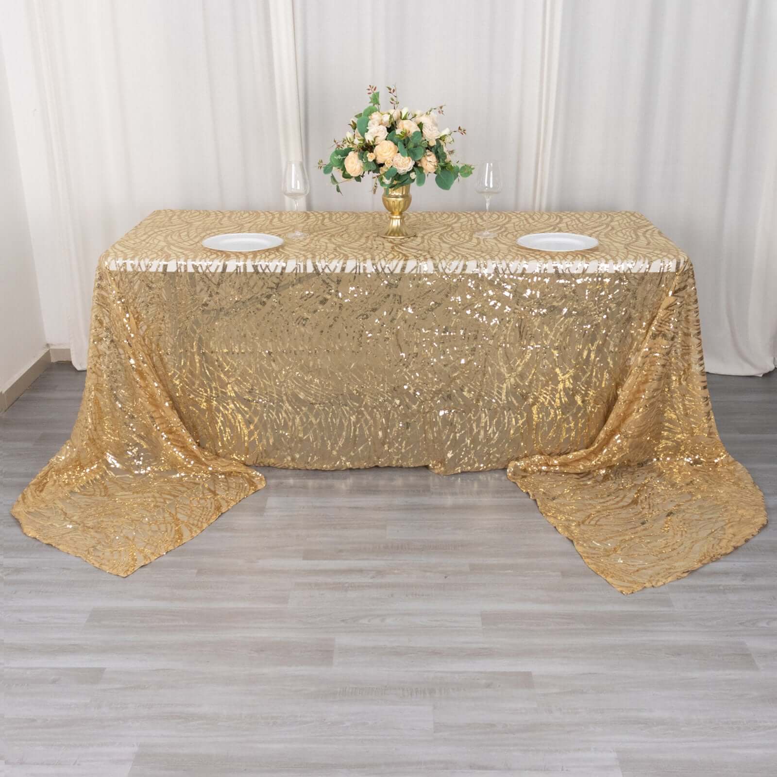 Mesh Rectangle Tablecloth 90"x156" Gold with Wave Embroidered Sequin Design - Chic Decor for Modern Gatherings - Image 12