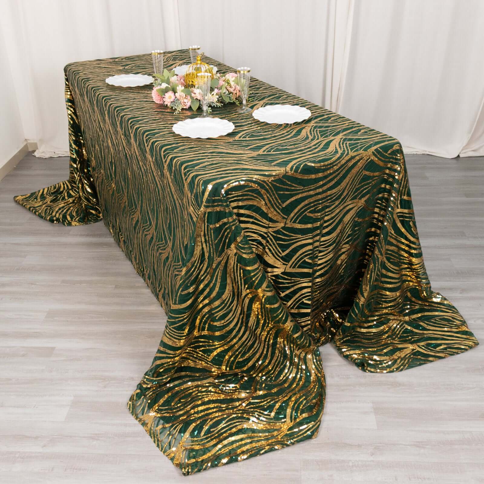 Mesh Rectangle Tablecloth 90"x156" Hunter Emerald Green Gold - Wave Embroidered Sequin Table Cover - Image 3